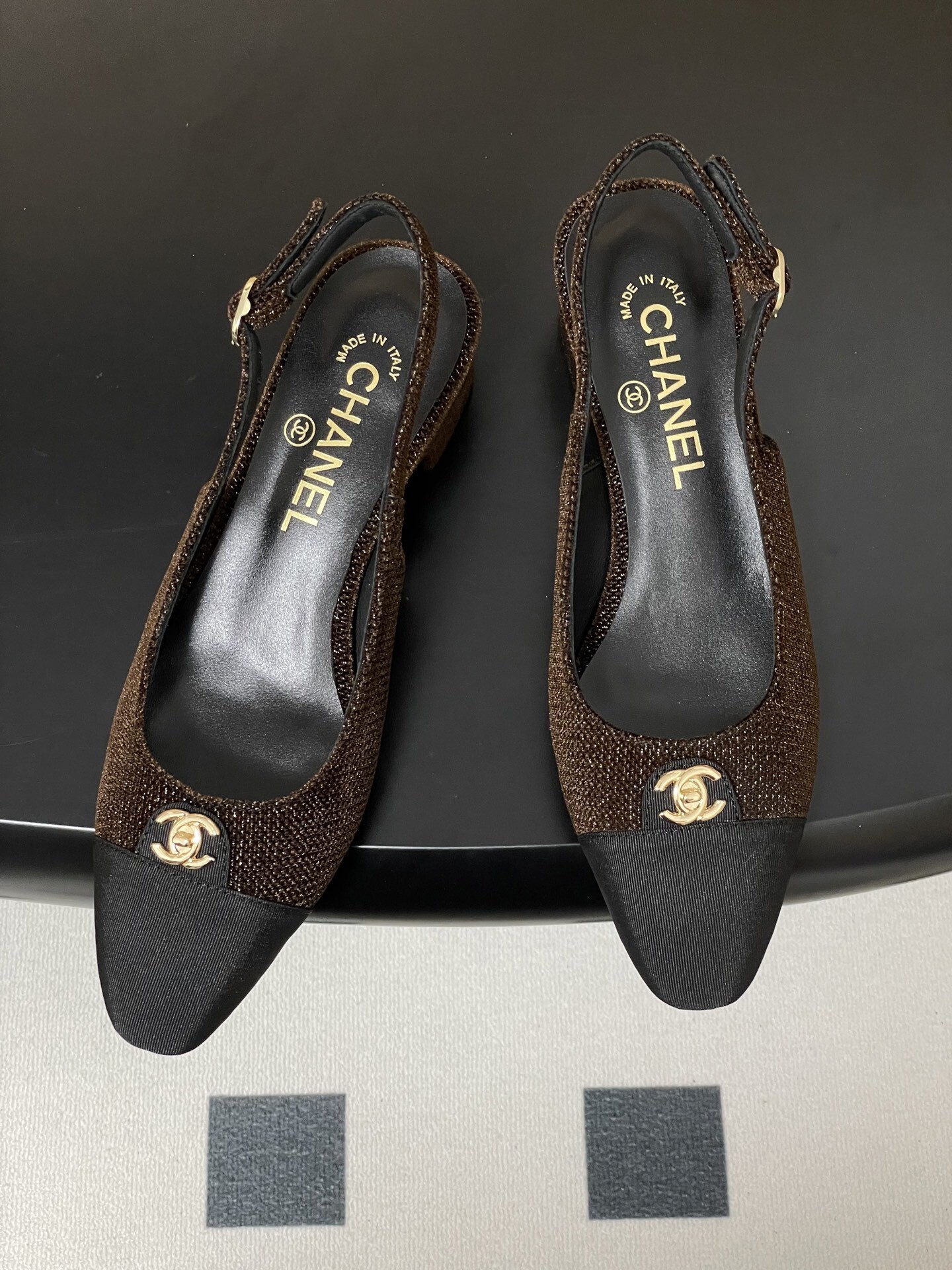 Chanel Glitter Slingback Pumps - Brown & Black Cap Toe Luxury Shoes