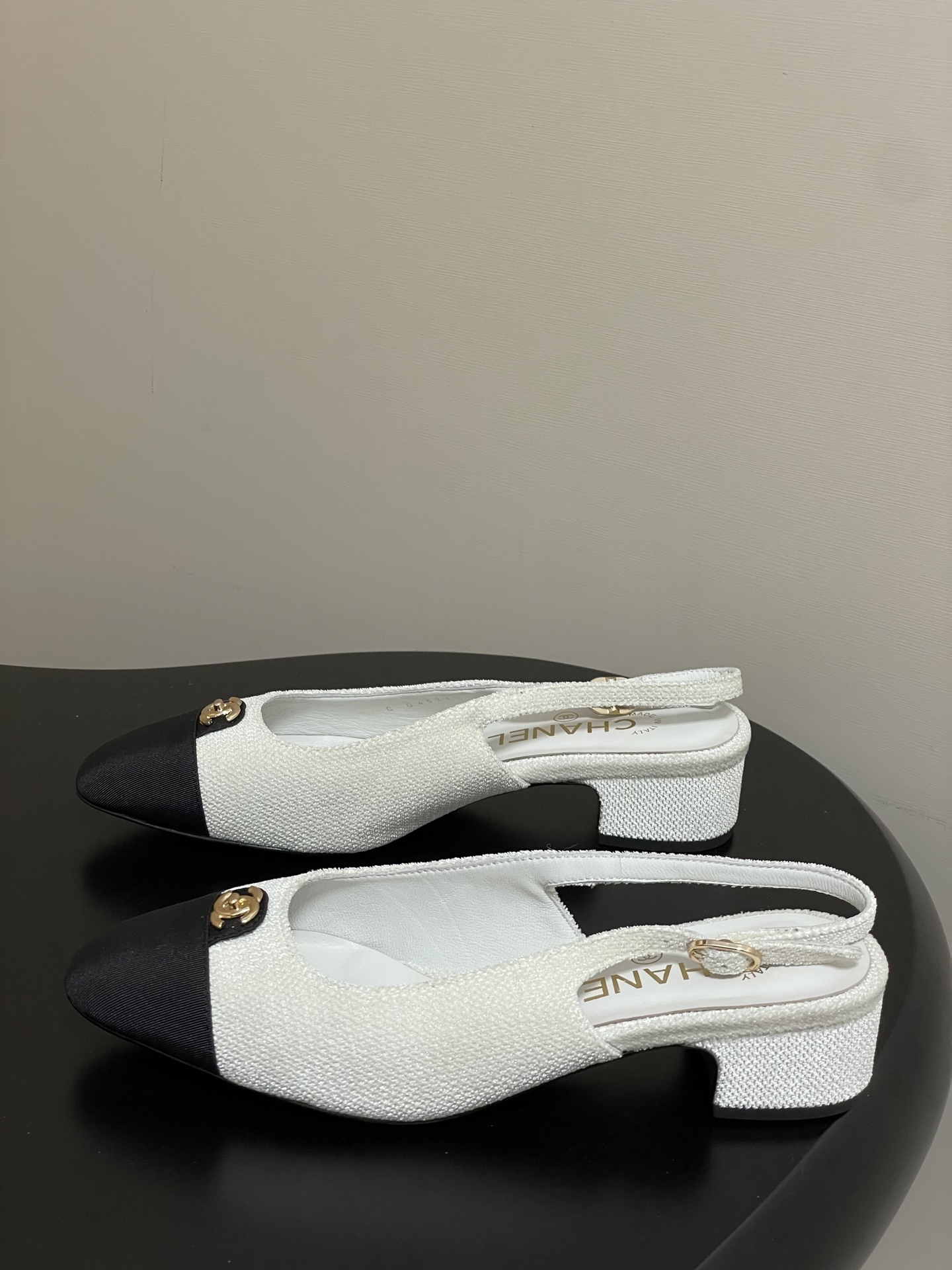 Chanel Two-Tone Grosgrain Slingback Pumps with Gold CC Logo