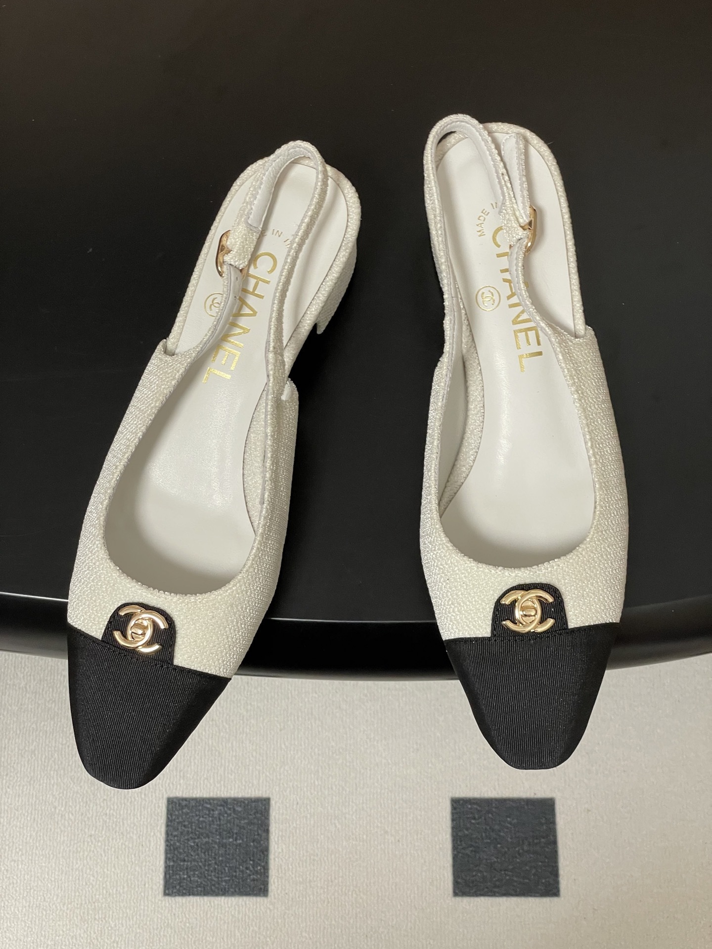 Chanel Two-Tone Grosgrain Slingback Pumps with Gold CC Logo