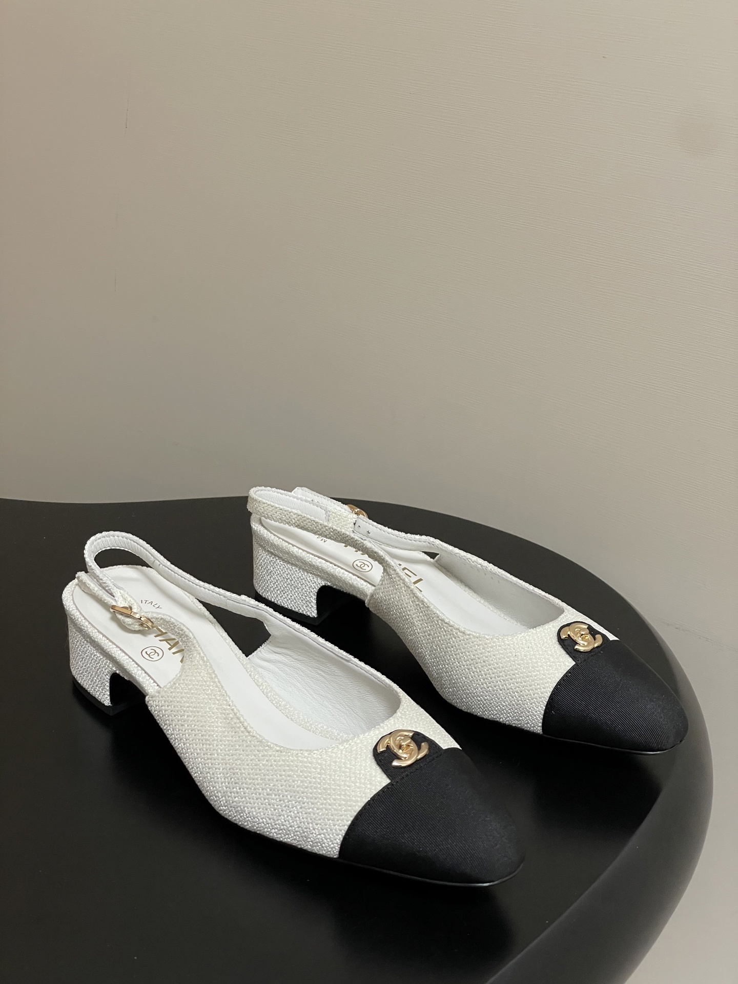 Chanel Two-Tone Grosgrain Slingback Pumps with Gold CC Logo