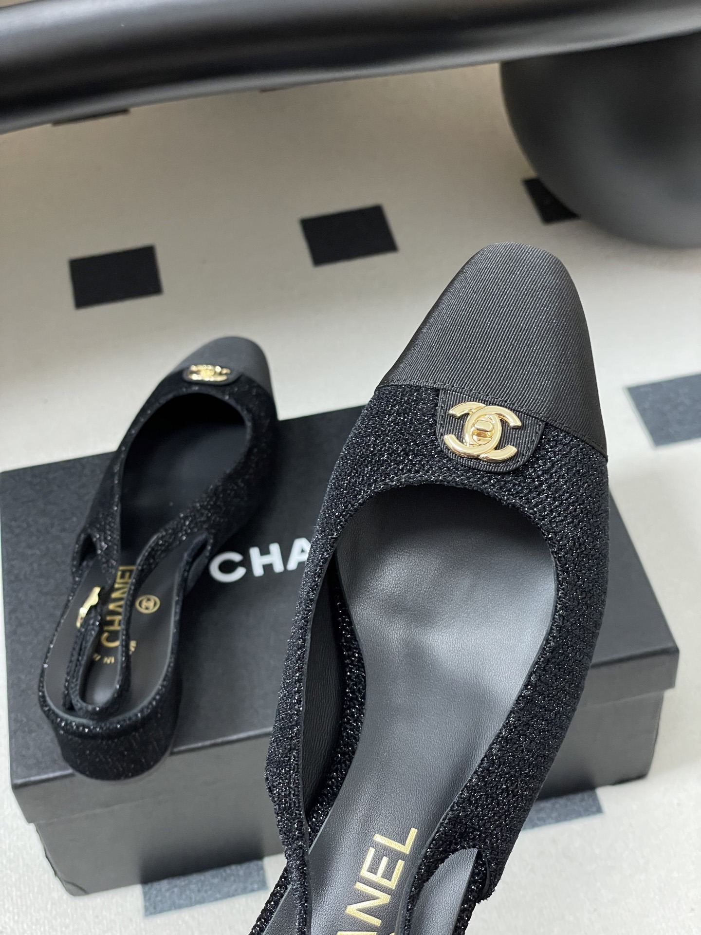 Chanel Black Shimmer Slingback Block Heels with Gold CC Logo