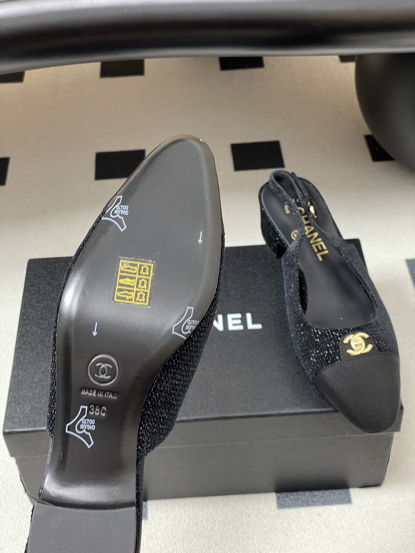 Chanel Black Shimmer Slingback Block Heels with Gold CC Logo