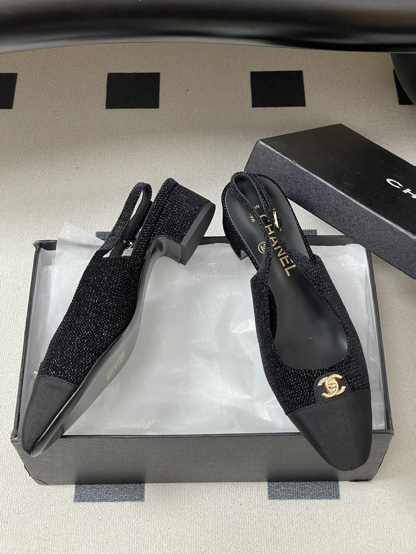 Chanel Black Shimmer Slingback Block Heels with Gold CC Logo