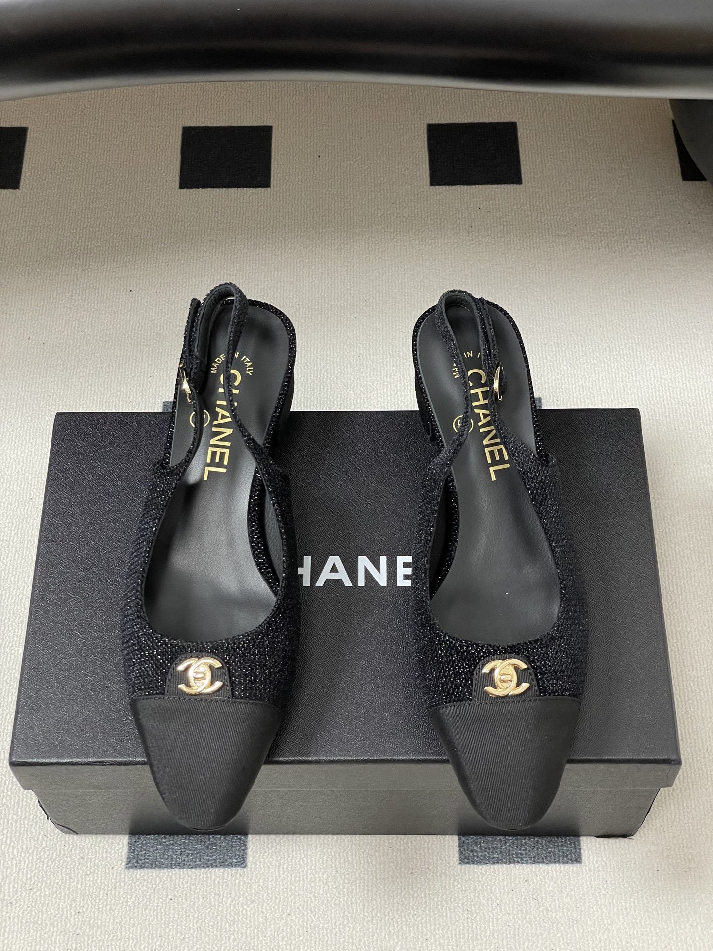 Chanel Black Shimmer Slingback Block Heels with Gold CC Logo