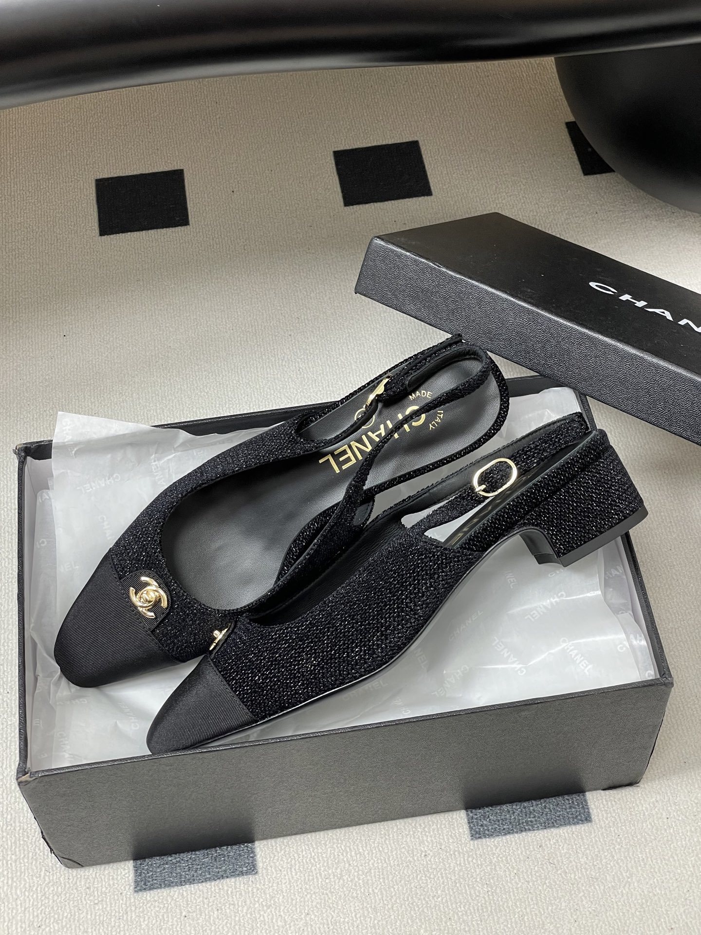 Chanel Black Shimmer Slingback Block Heels with Gold CC Logo