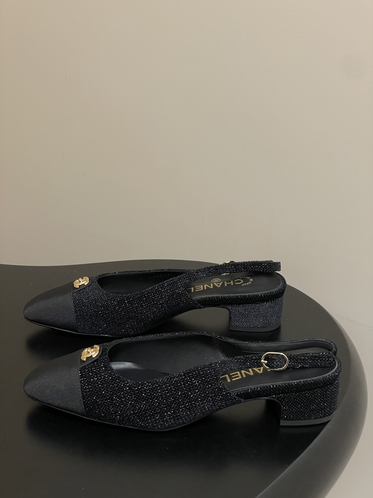 Chanel Black Shimmer Slingback Block Heels with Gold CC Logo