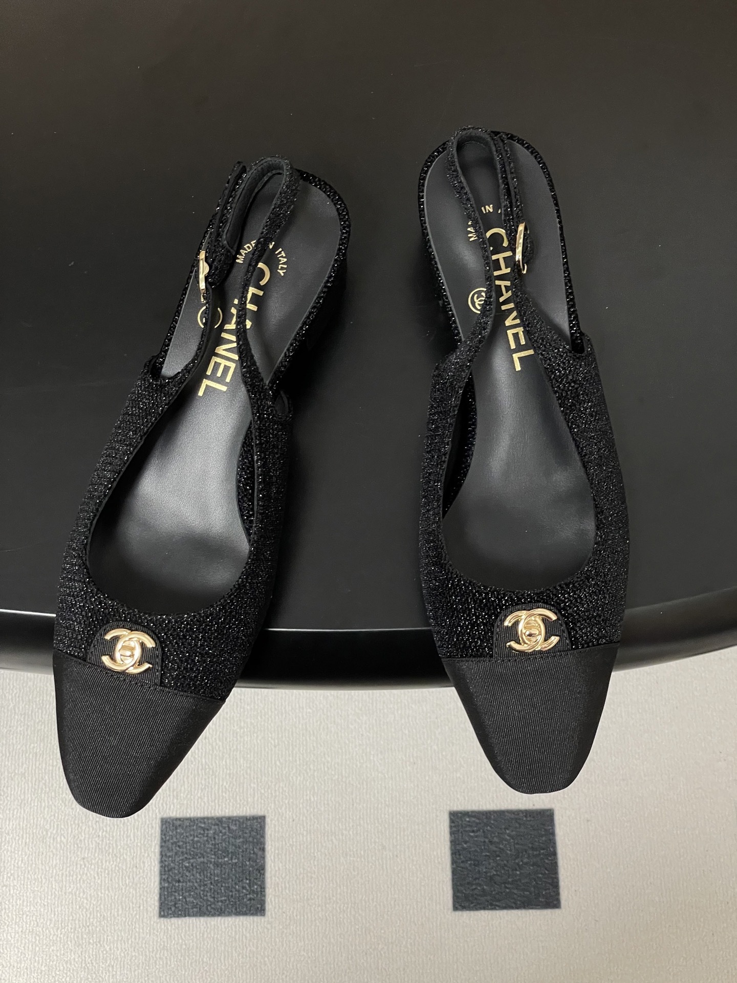Chanel Black Shimmer Slingback Block Heels with Gold CC Logo