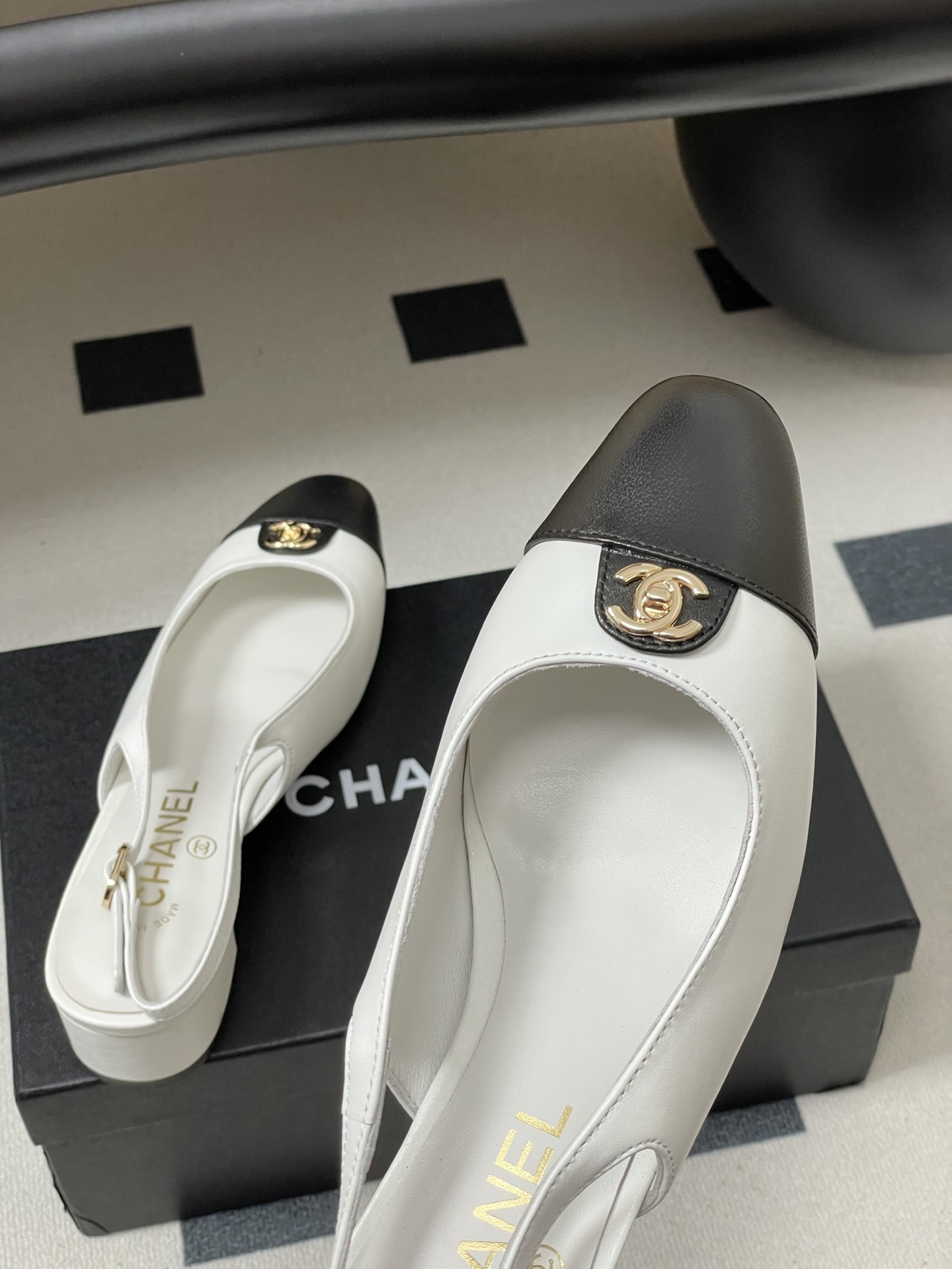 Chanel Classic Two-Tone Leather Slingback Heels with CC Logo
