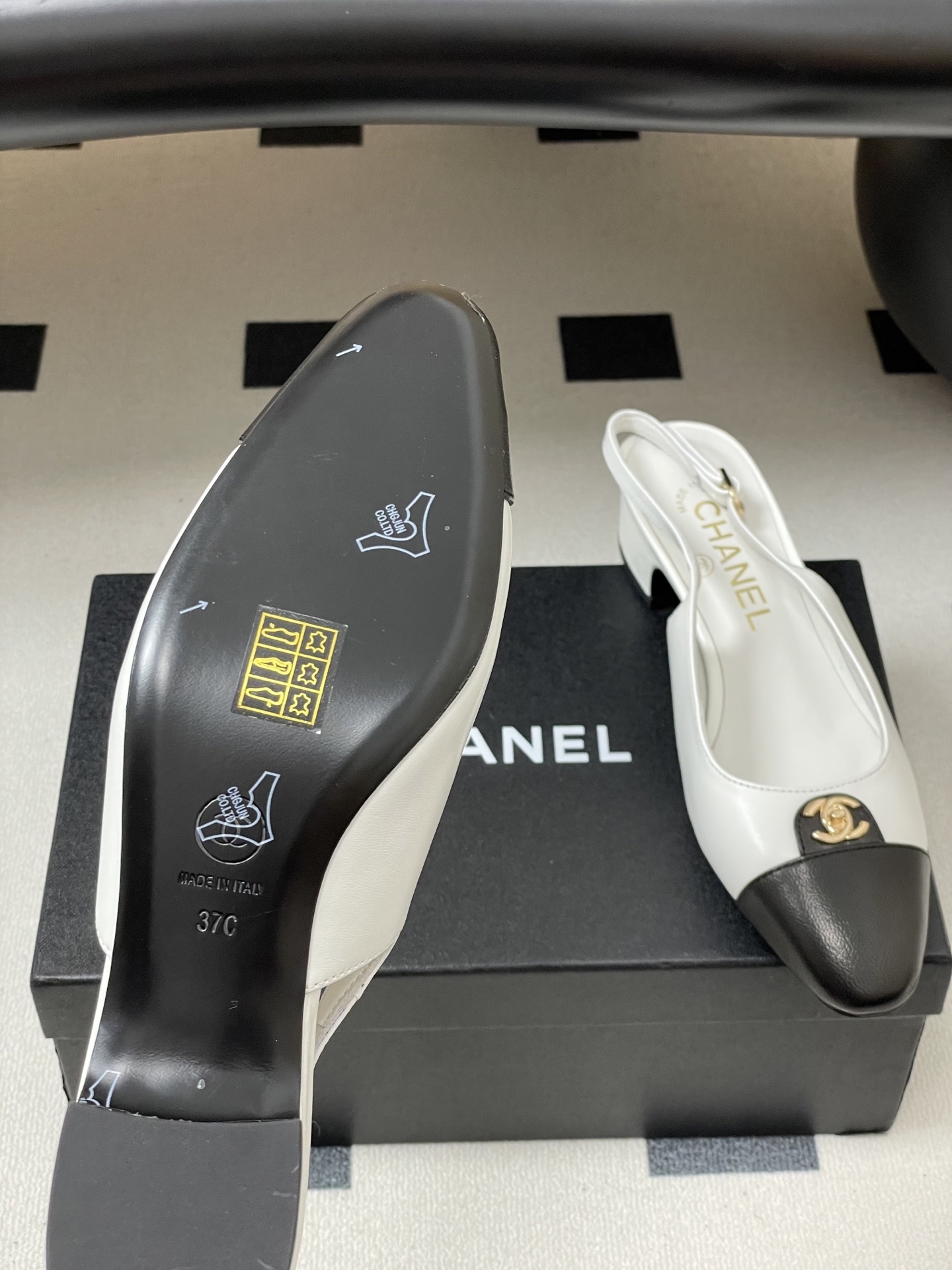 Chanel Classic Two-Tone Leather Slingback Heels with CC Logo
