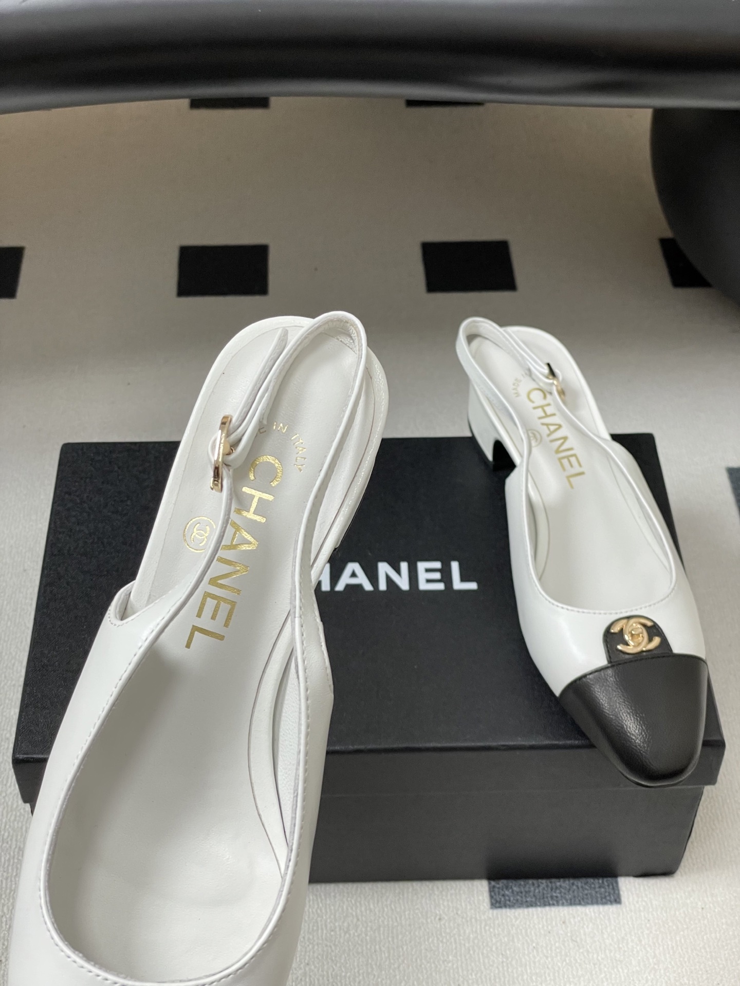Chanel Classic Two-Tone Leather Slingback Heels with CC Logo