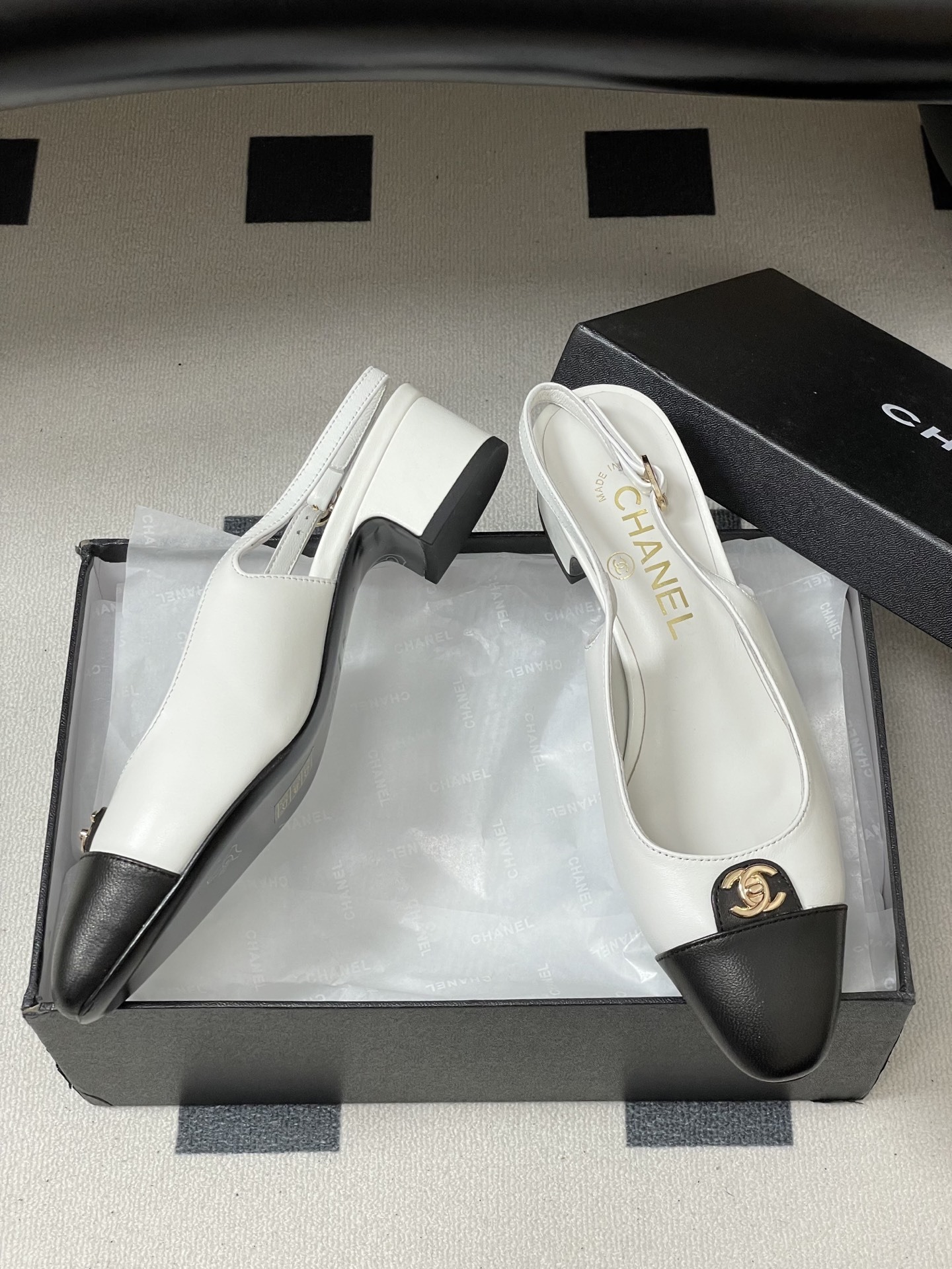Chanel Classic Two-Tone Leather Slingback Heels with CC Logo