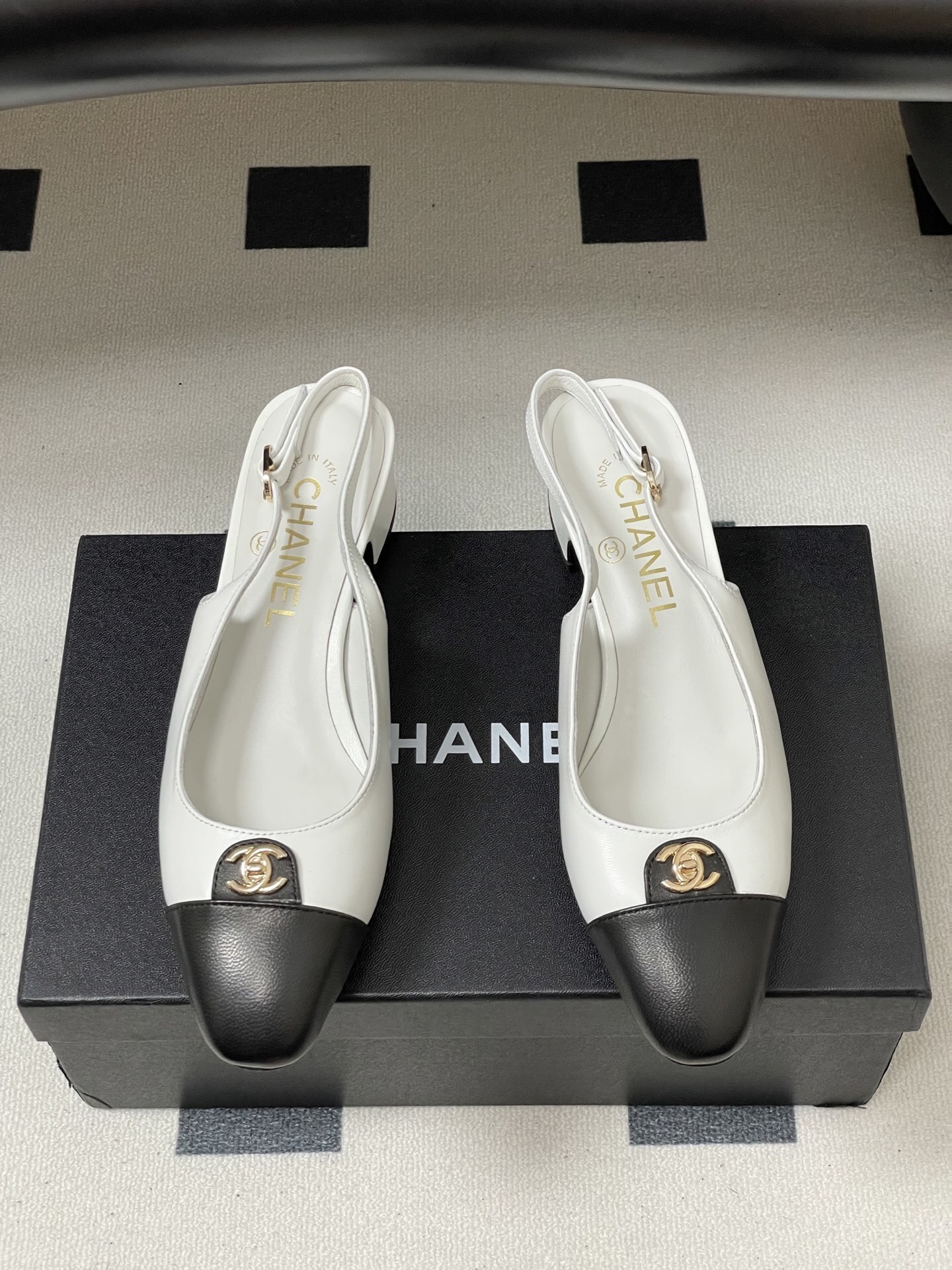 Chanel Classic Two-Tone Leather Slingback Heels with CC Logo