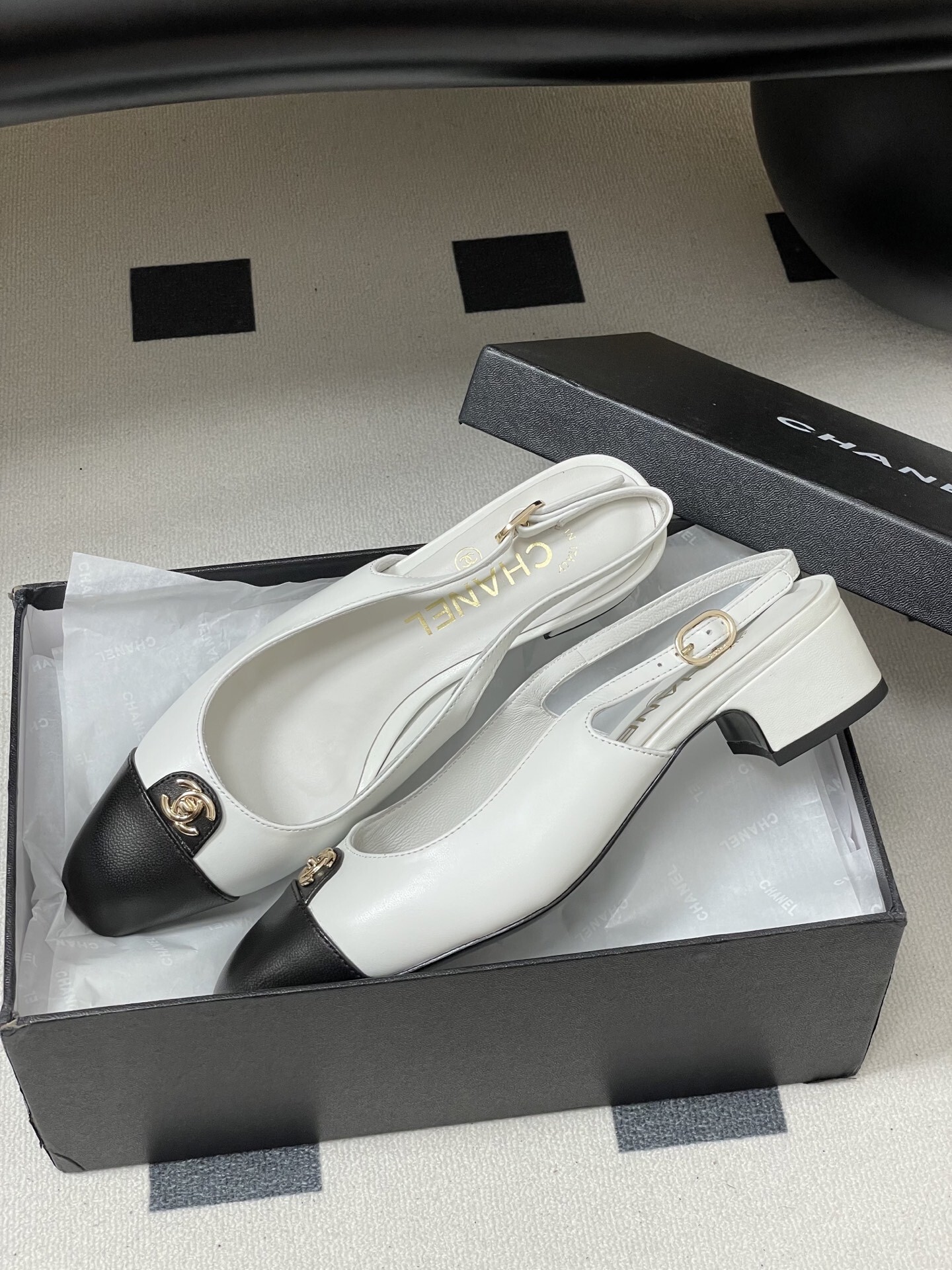 Chanel Classic Two-Tone Leather Slingback Heels with CC Logo