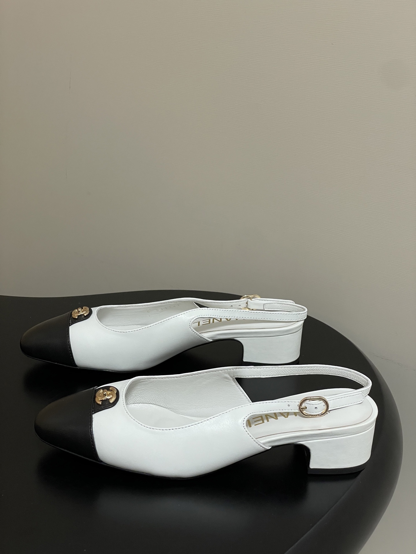 Chanel Classic Two-Tone Leather Slingback Heels with CC Logo