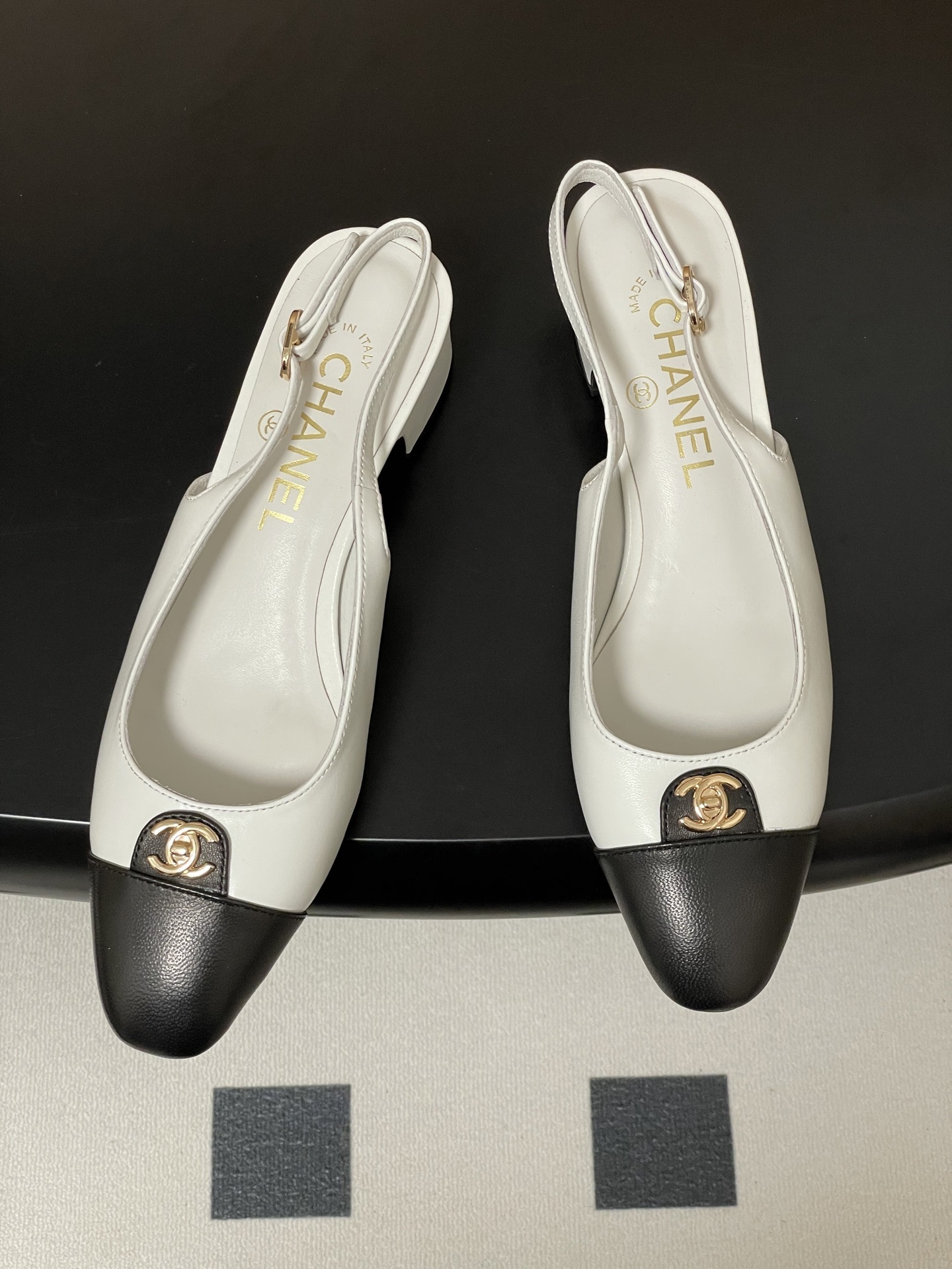 Chanel Classic Two-Tone Leather Slingback Heels with CC Logo
