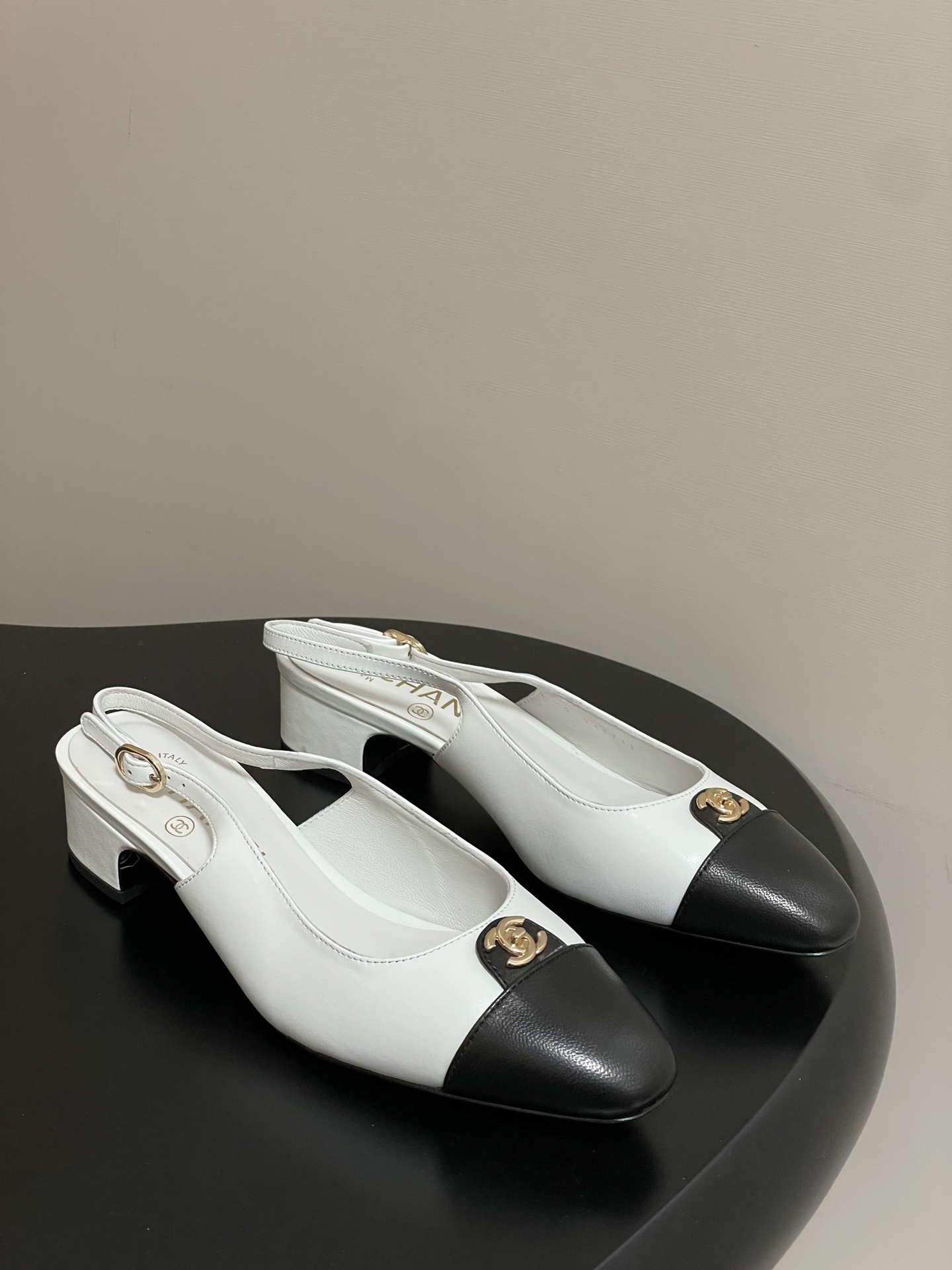 Chanel Classic Two-Tone Leather Slingback Heels with CC Logo