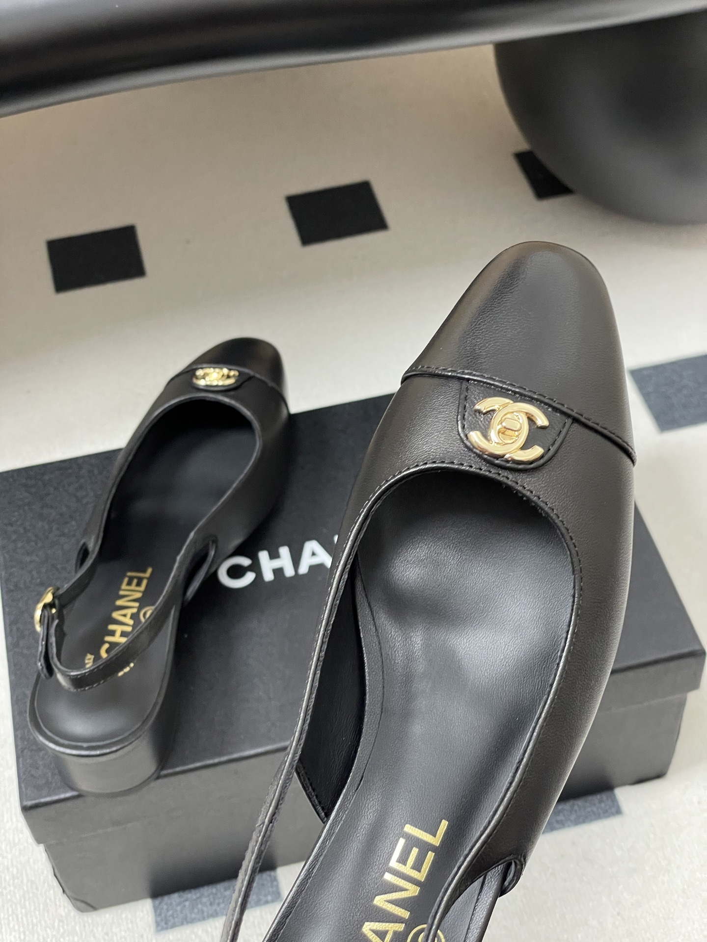 Chanel Black Leather Slingback Pumps with Gold CC Logo