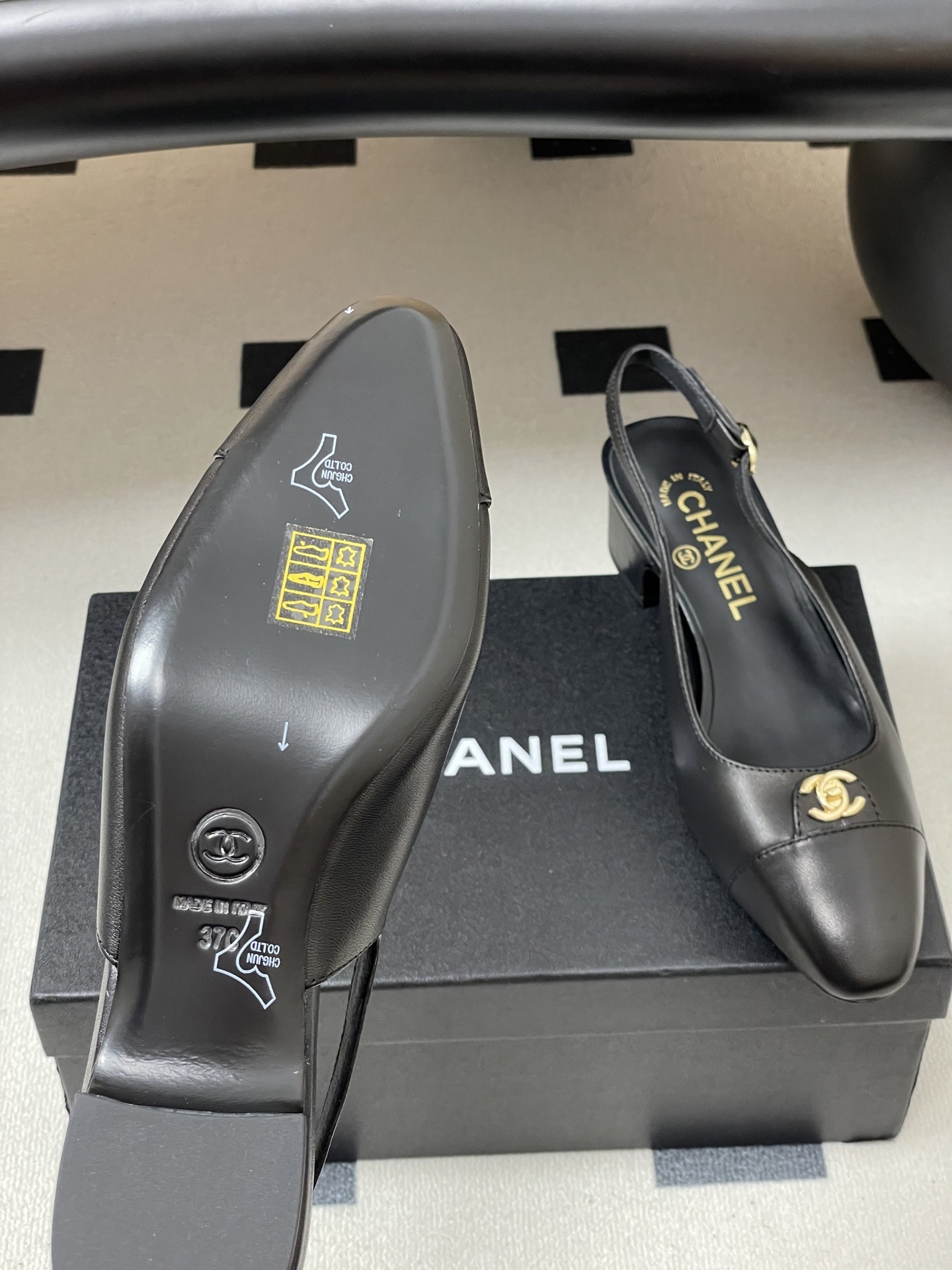 Chanel Black Leather Slingback Pumps with Gold CC Logo