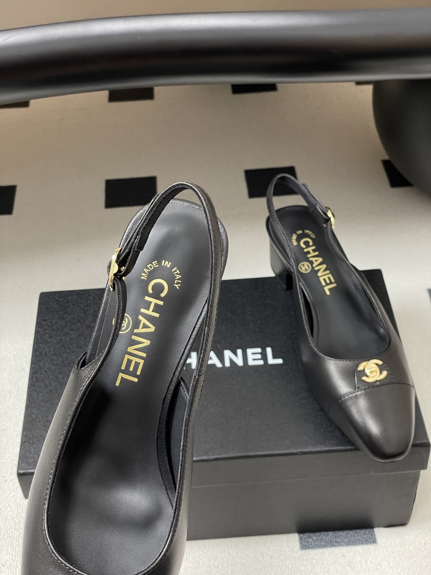 Chanel Black Leather Slingback Pumps with Gold CC Logo