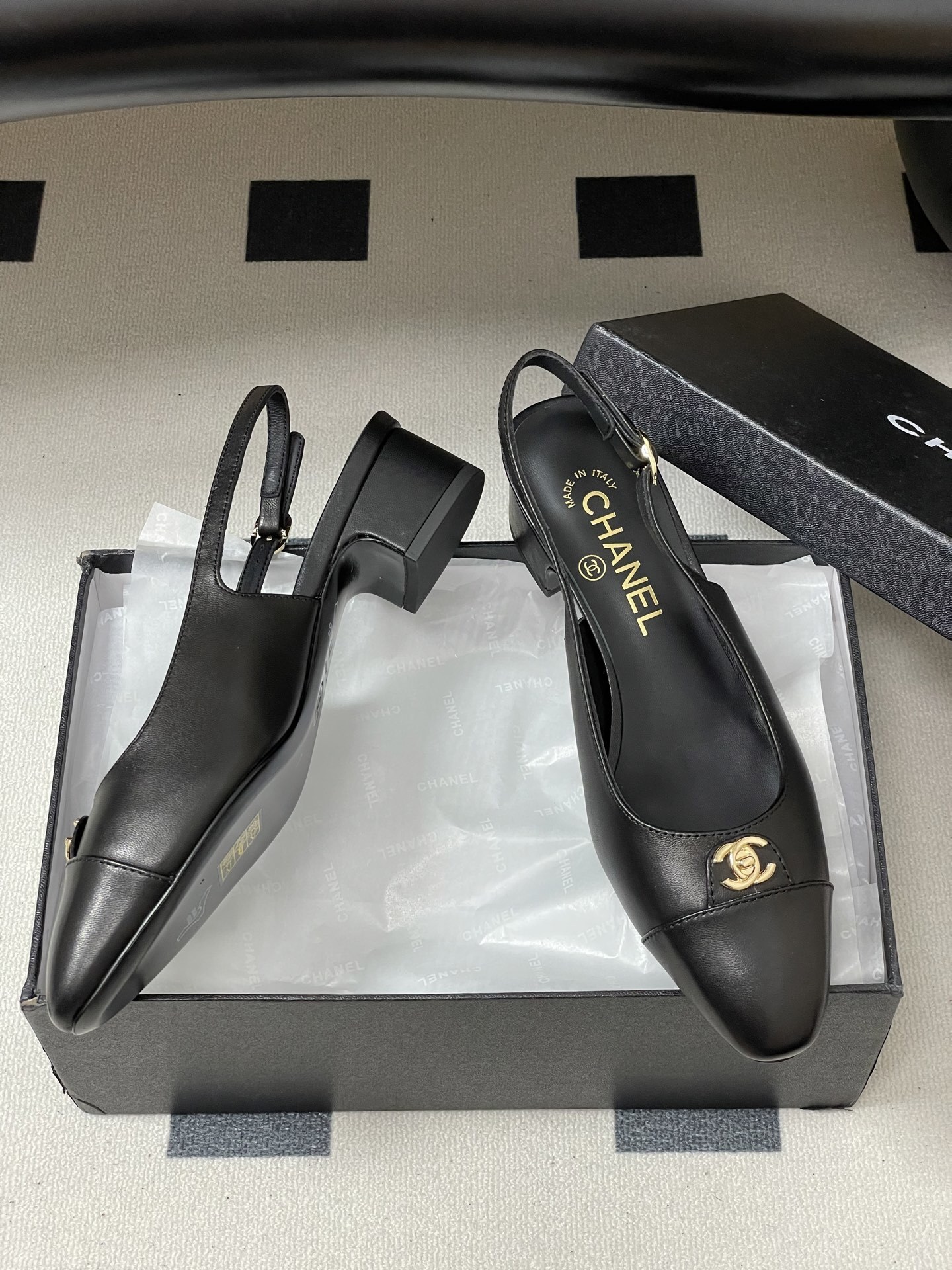 Chanel Black Leather Slingback Pumps with Gold CC Logo