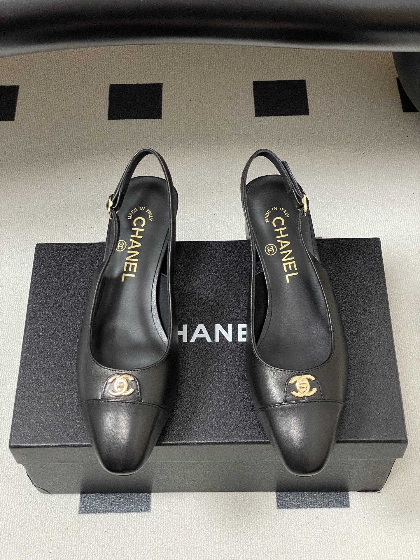 Chanel Black Leather Slingback Pumps with Gold CC Logo