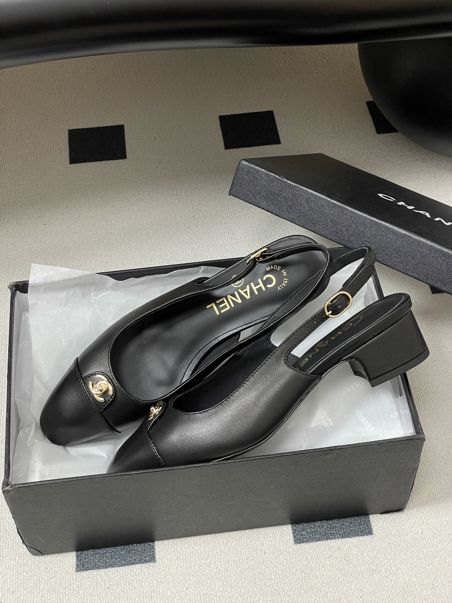 Chanel Black Leather Slingback Pumps with Gold CC Logo