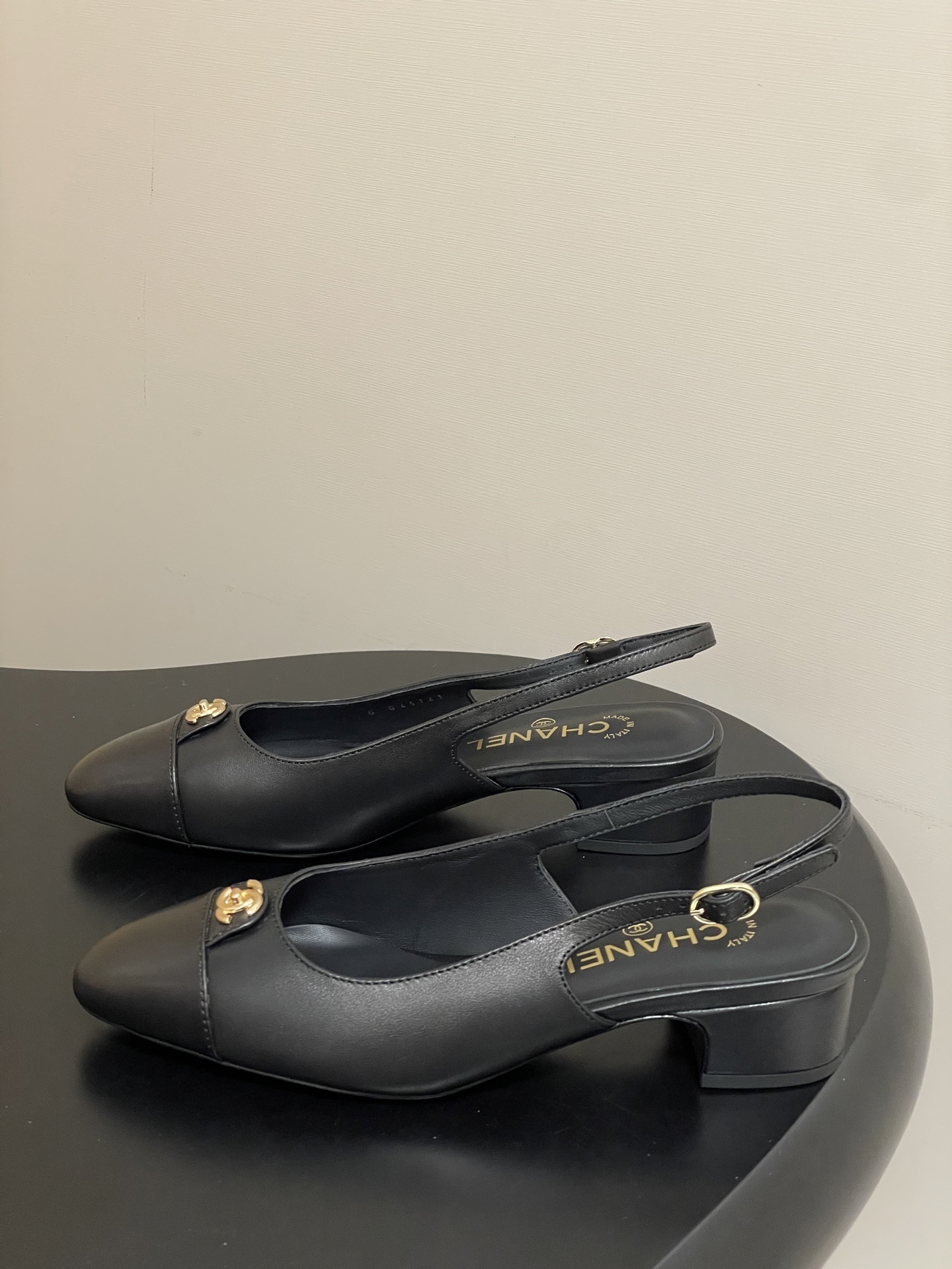 Chanel Black Leather Slingback Pumps with Gold CC Logo