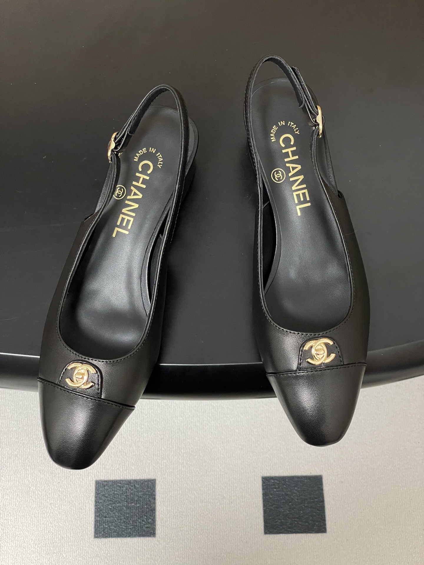 Chanel Black Leather Slingback Pumps with Gold CC Logo