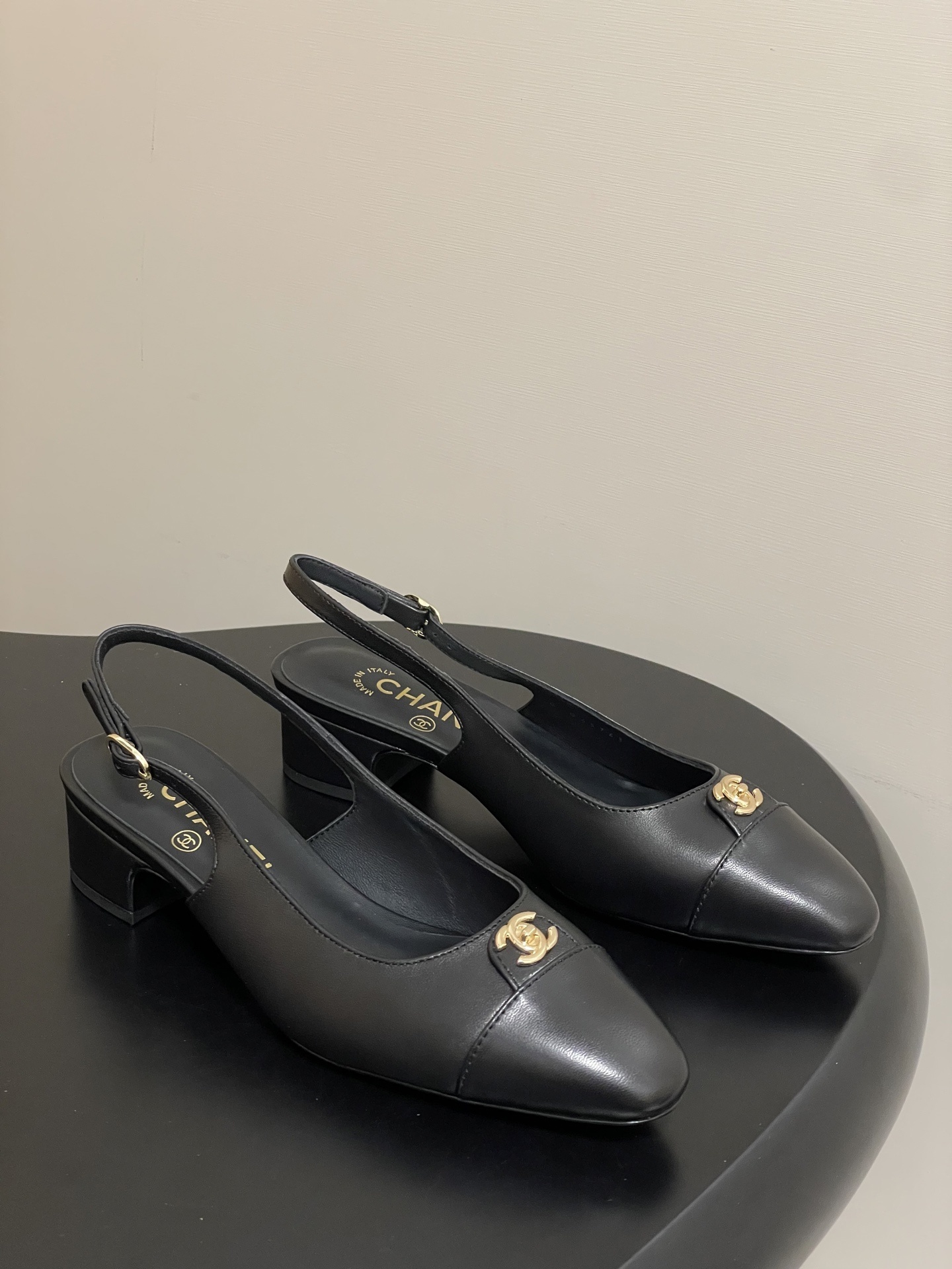 Chanel Black Leather Slingback Pumps with Gold CC Logo