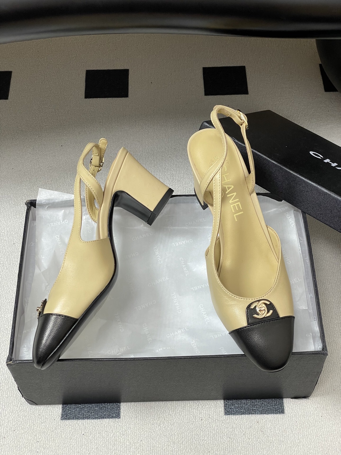 Chanel Two-Tone Beige and Black Leather Slingback Pumps
