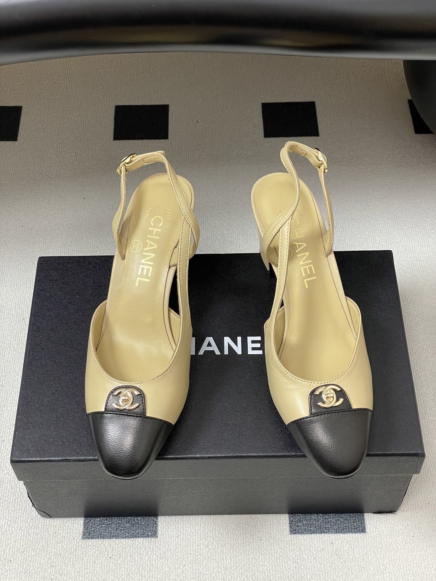 Chanel Two-Tone Beige and Black Leather Slingback Pumps