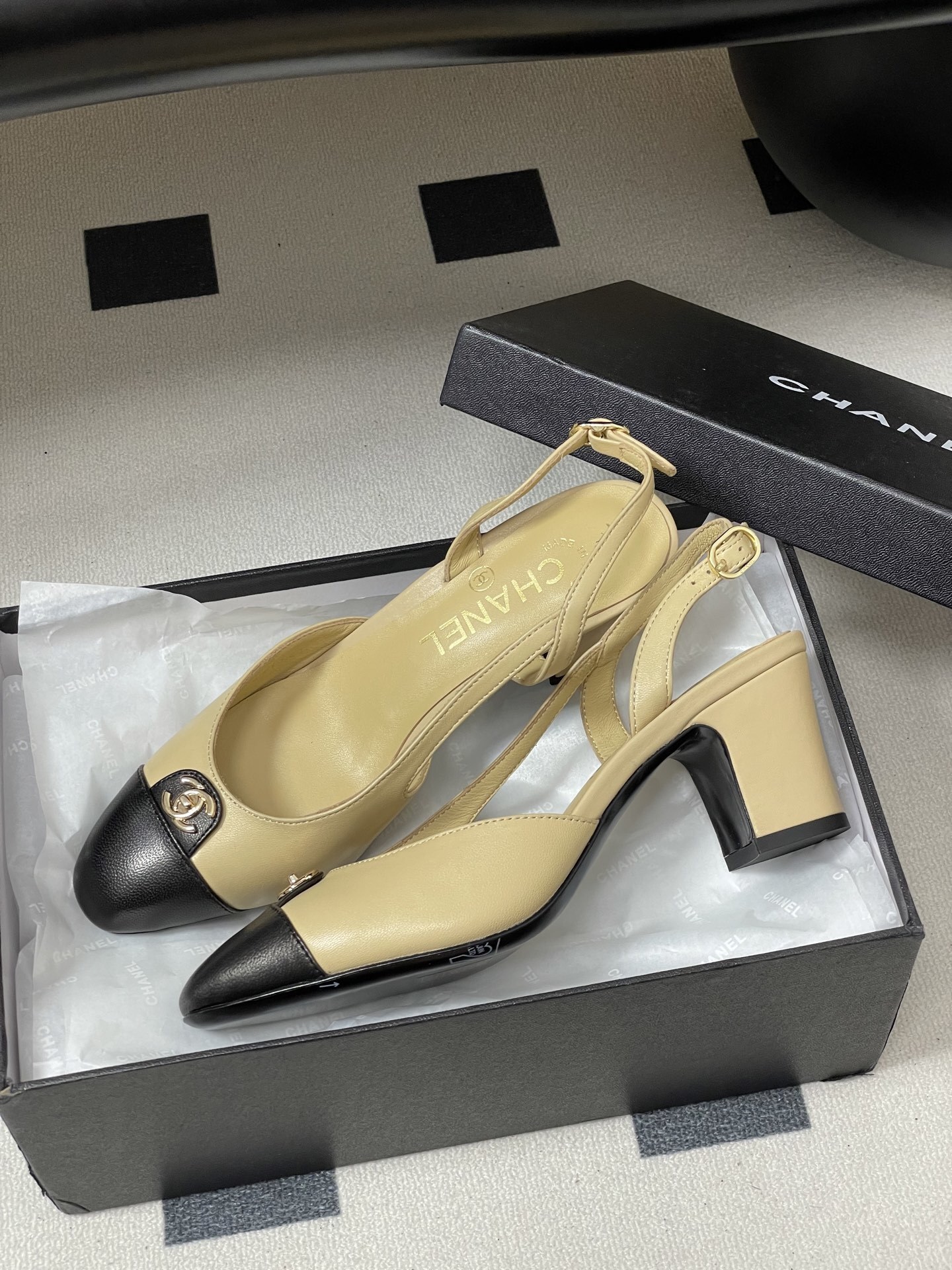 Chanel Two-Tone Beige and Black Leather Slingback Pumps
