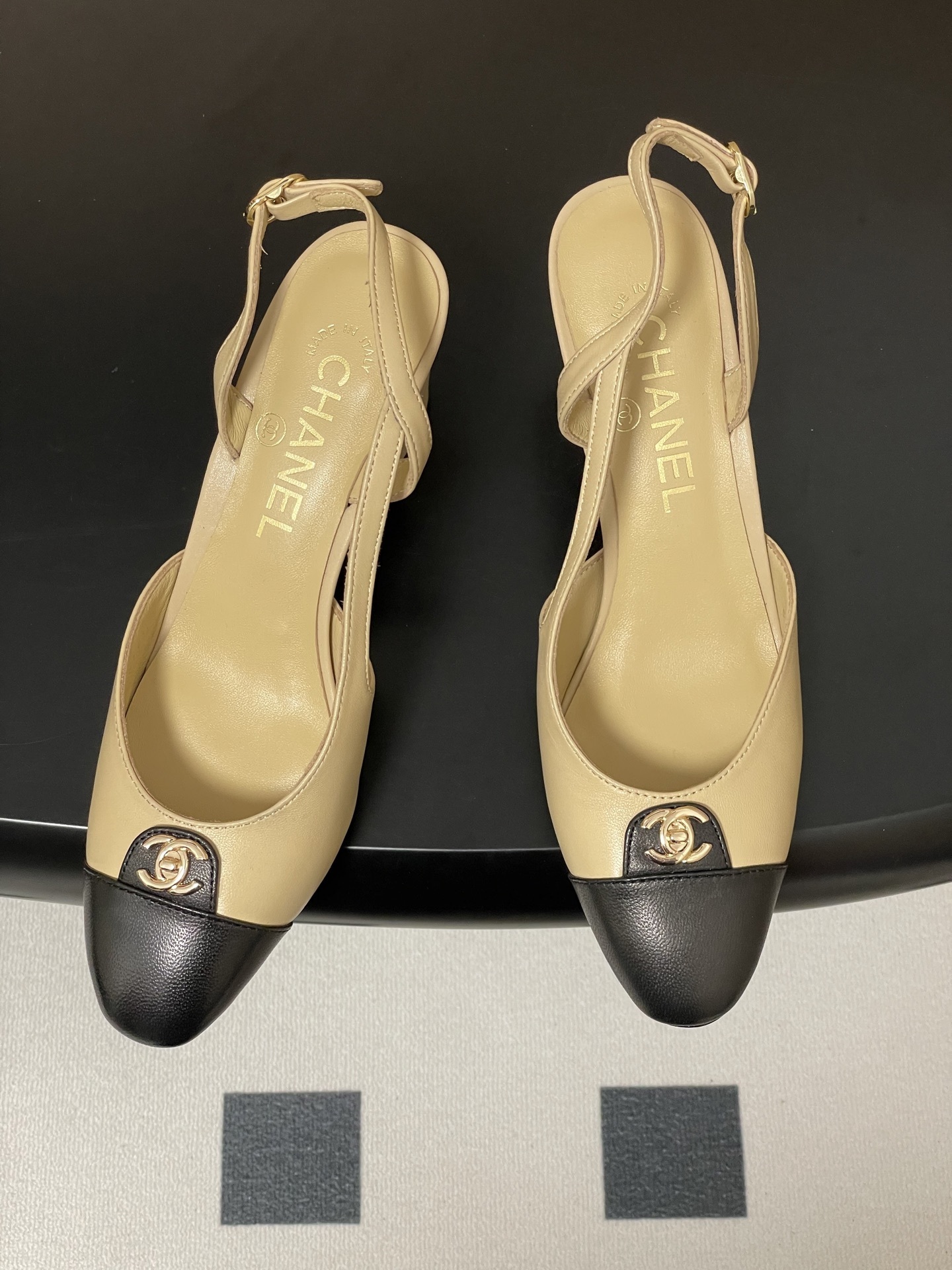Chanel Two-Tone Beige and Black Leather Slingback Pumps