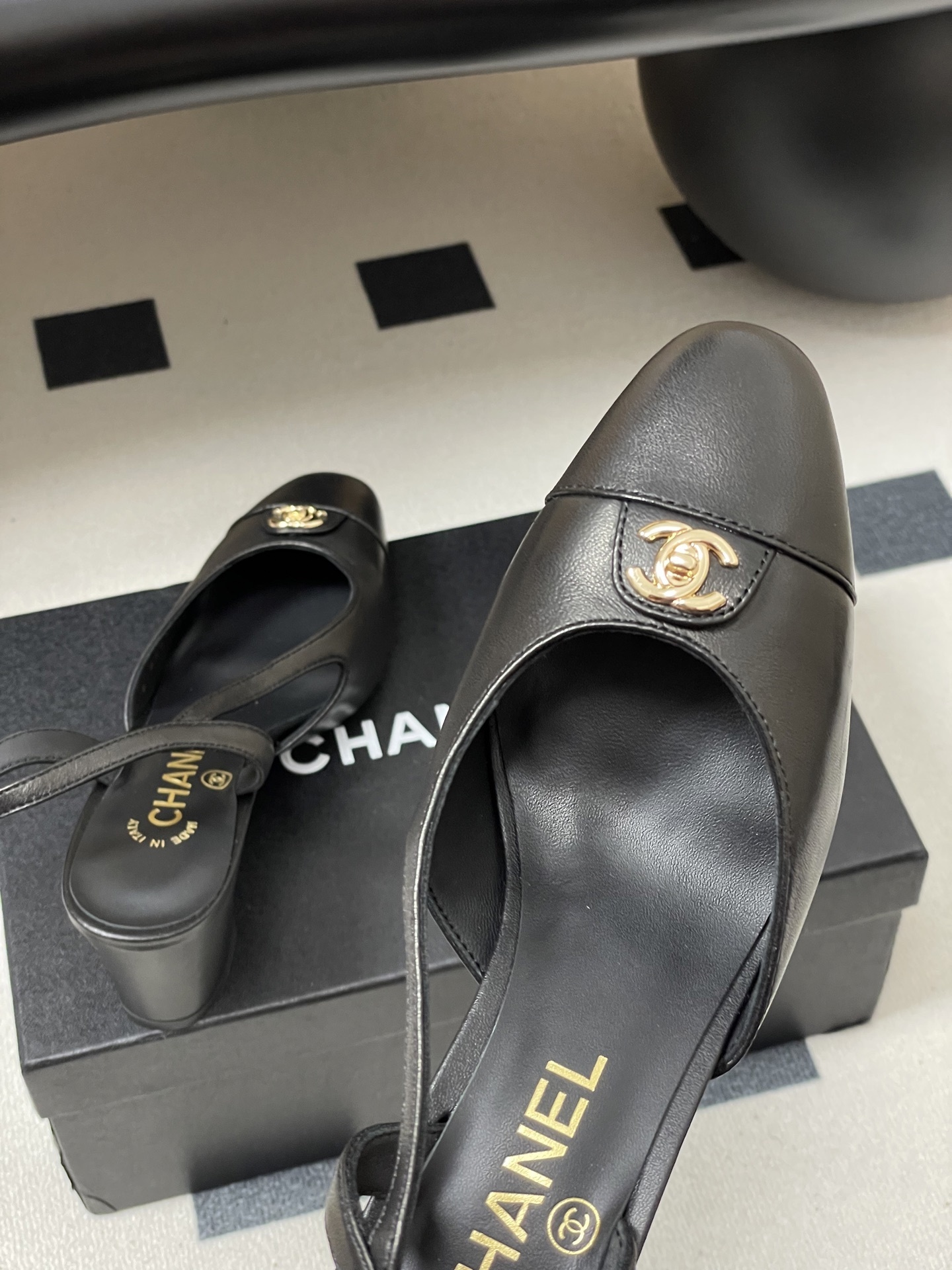 Chanel Black Leather Slingbacks with Gold CC Logo & Block Heel