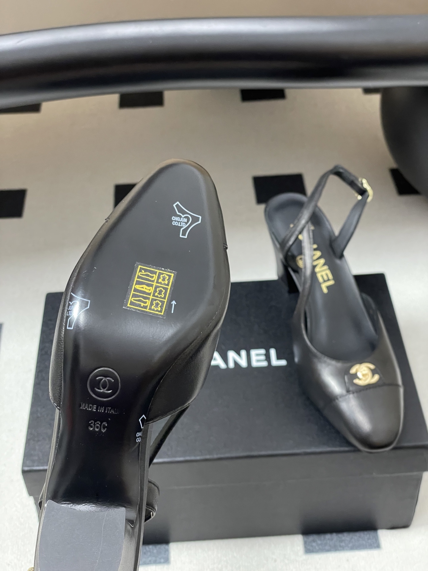 Chanel Black Leather Slingbacks with Gold CC Logo & Block Heel