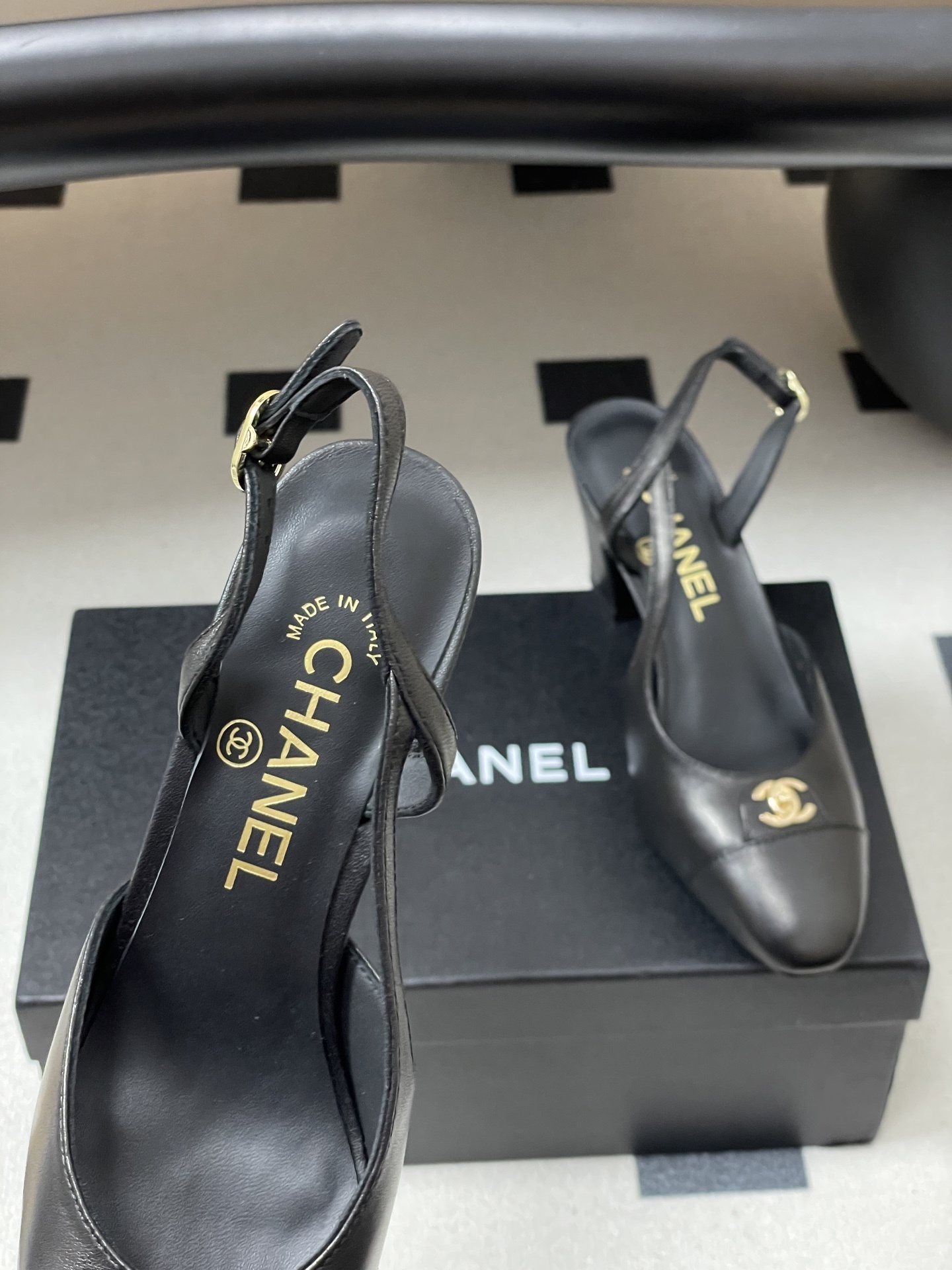 Chanel Black Leather Slingbacks with Gold CC Logo & Block Heel