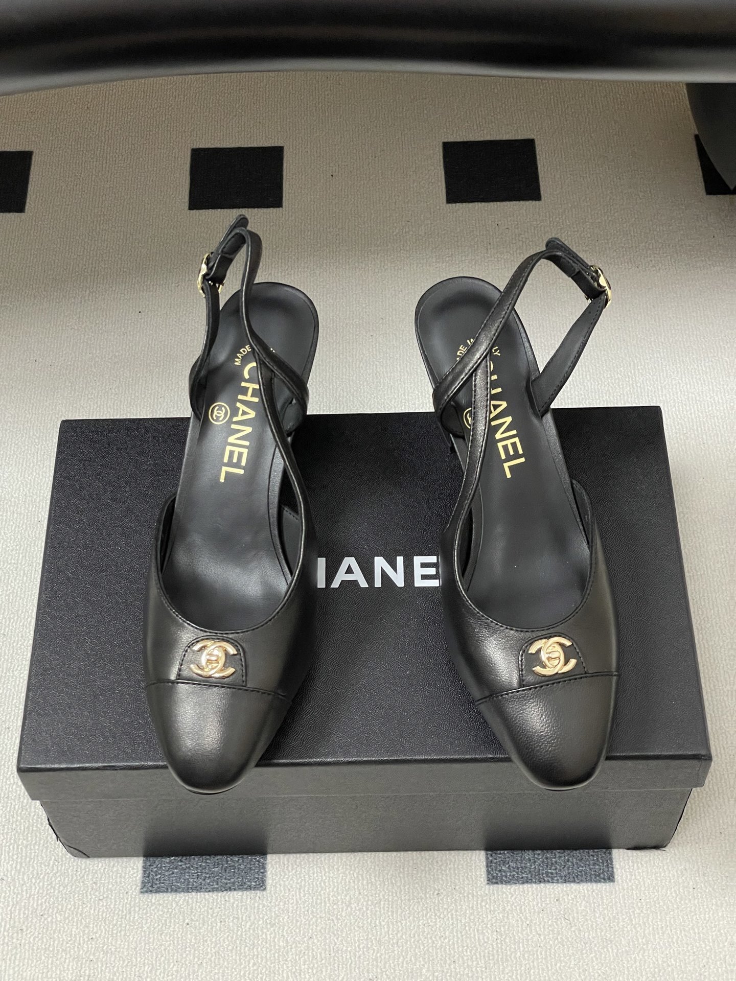 Chanel Black Leather Slingbacks with Gold CC Logo & Block Heel