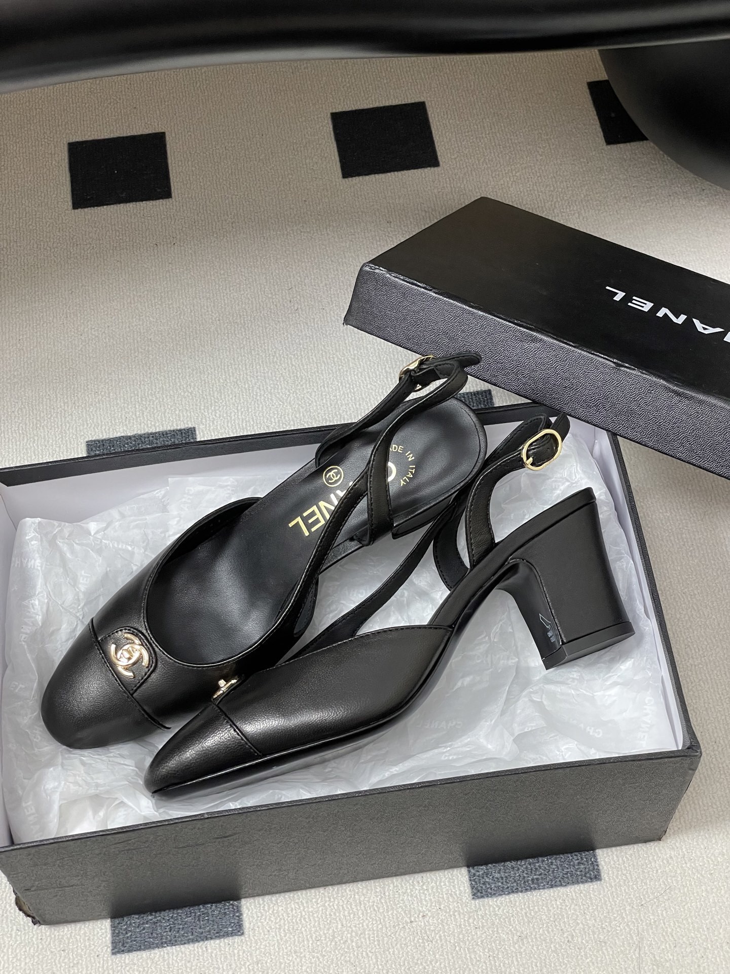 Chanel Black Leather Slingbacks with Gold CC Logo & Block Heel