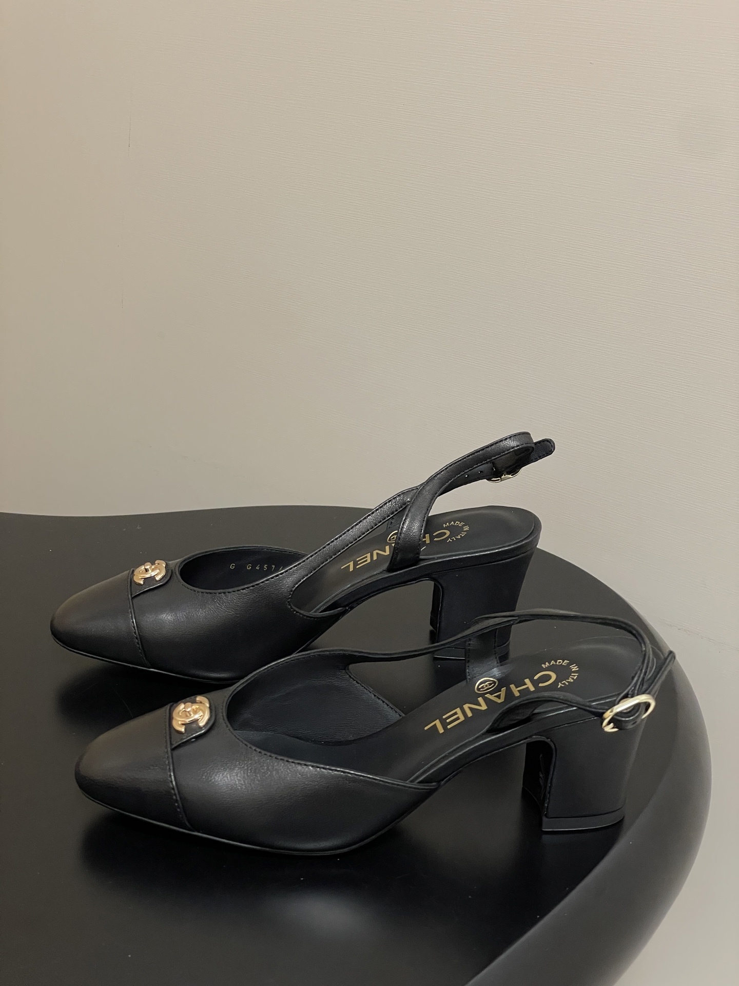 Chanel Black Leather Slingbacks with Gold CC Logo & Block Heel