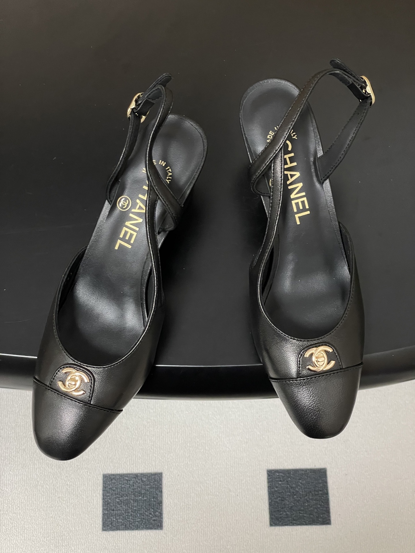 Chanel Black Leather Slingbacks with Gold CC Logo & Block Heel
