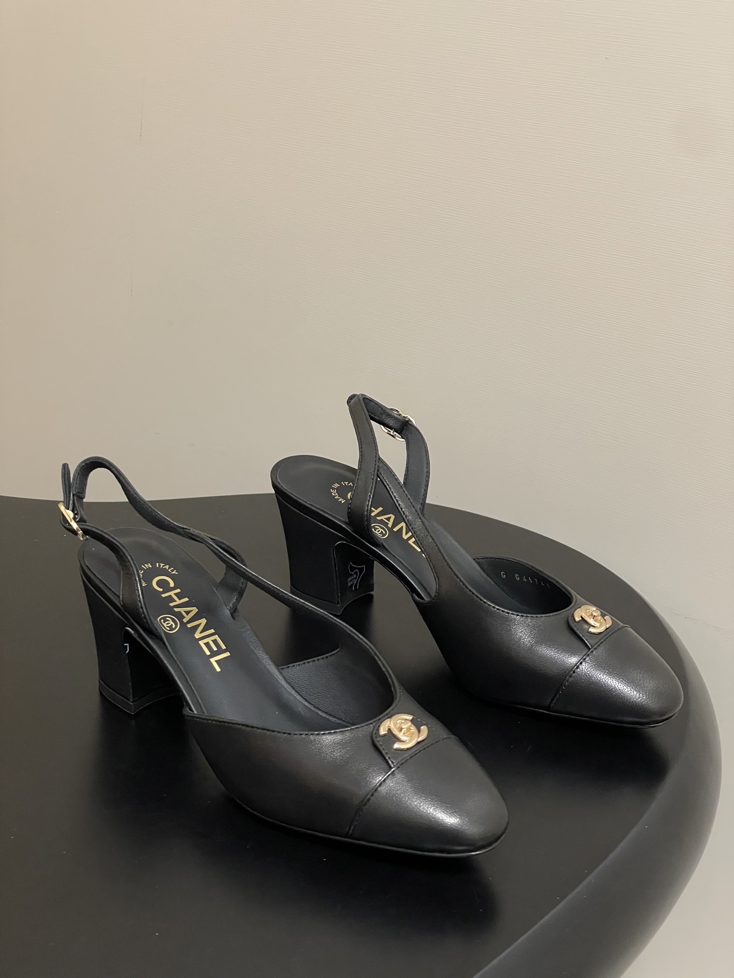 Chanel Black Leather Slingbacks with Gold CC Logo & Block Heel