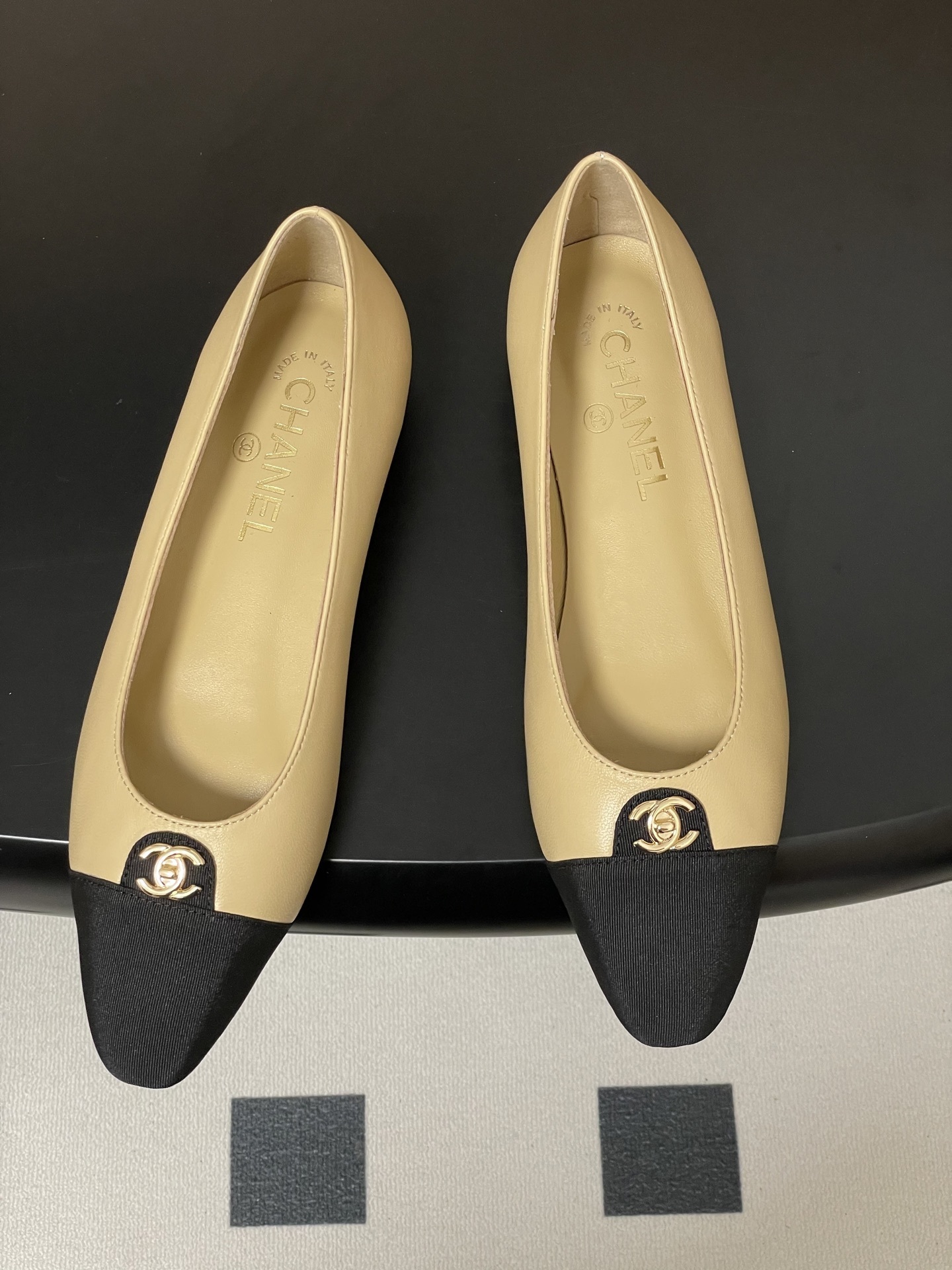Chanel Two-Tone Beige and Black Leather Ballet Flats with CC Logo
