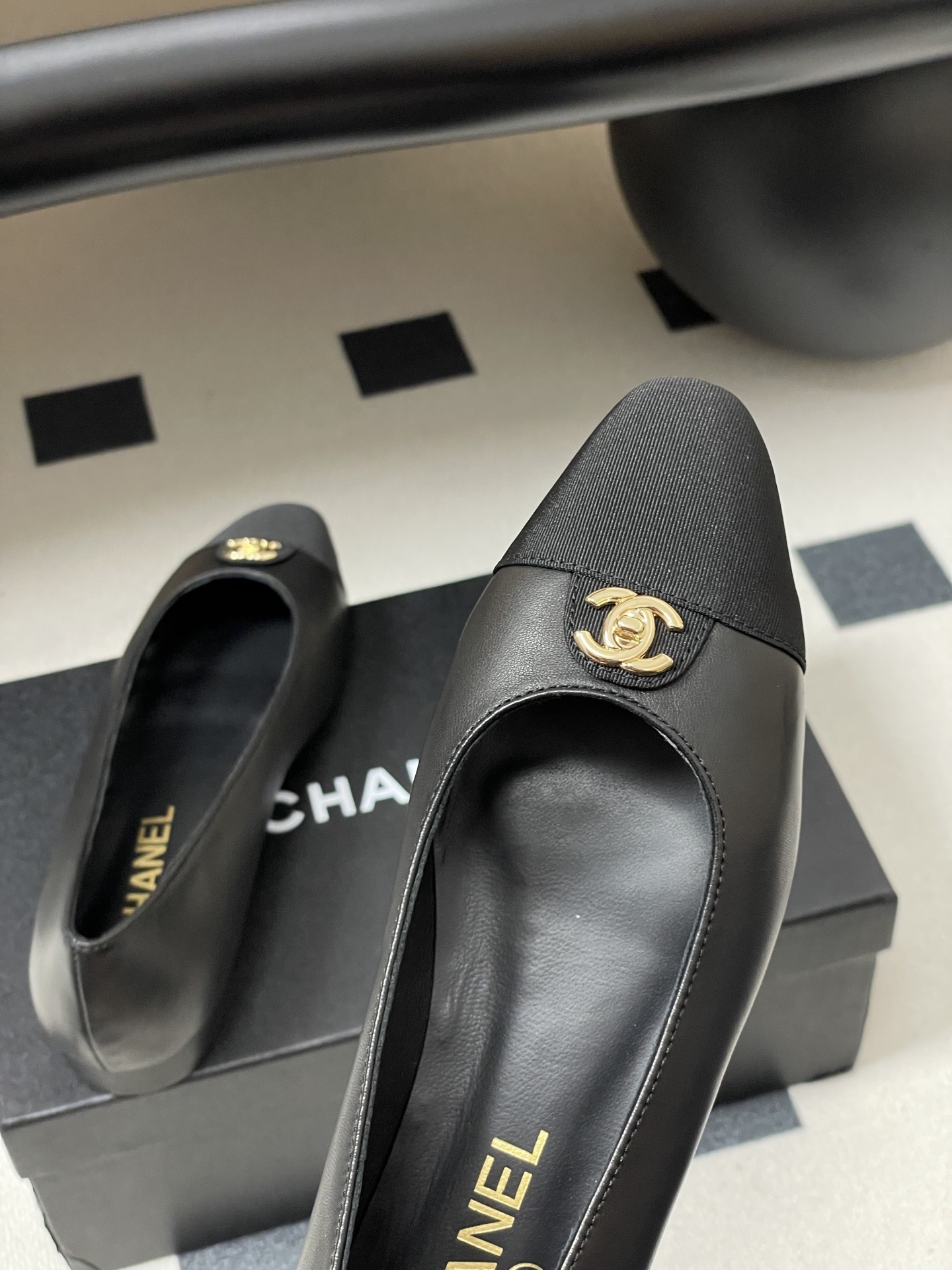 Chanel Black Leather Ballet Flats with Gold CC Logo & Grosgrain Toe