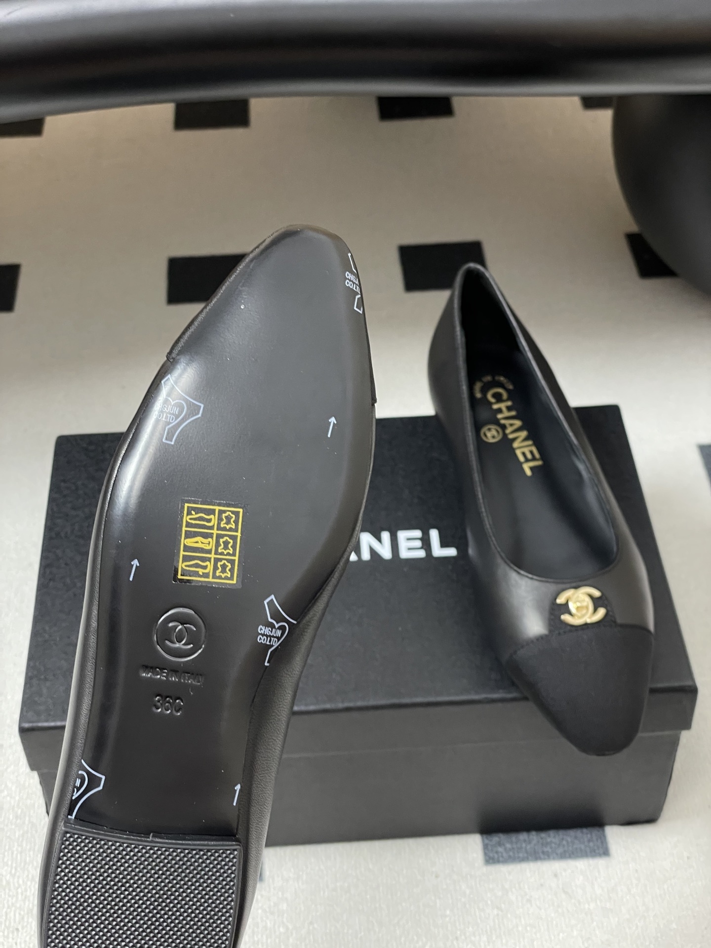 Chanel Black Leather Ballet Flats with Gold CC Logo & Grosgrain Toe