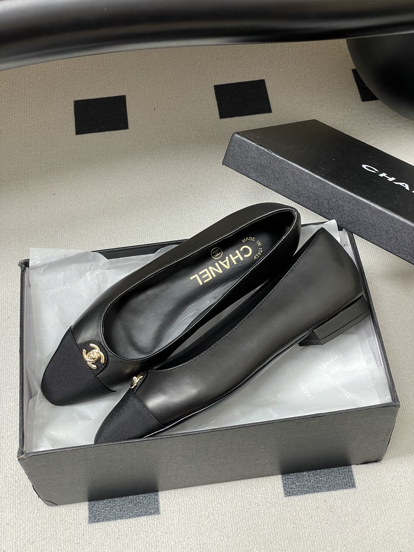 Chanel Black Leather Ballet Flats with Gold CC Logo & Grosgrain Toe