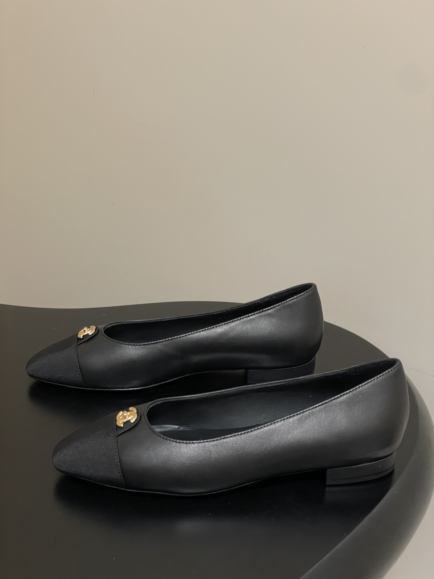Chanel Black Leather Ballet Flats with Gold CC Logo & Grosgrain Toe