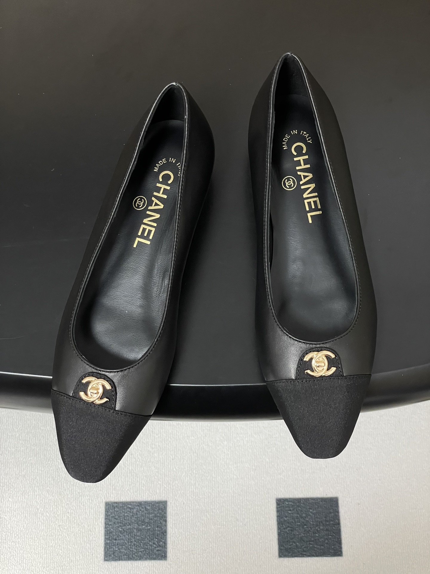Chanel Black Leather Ballet Flats with Gold CC Logo & Grosgrain Toe