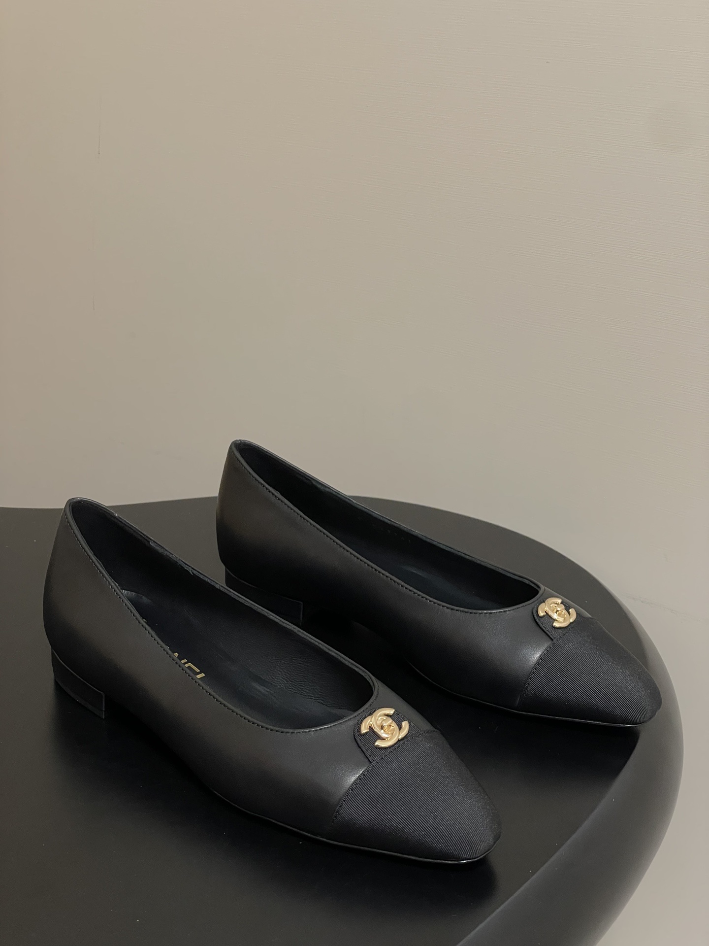 Chanel Black Leather Ballet Flats with Gold CC Logo & Grosgrain Toe