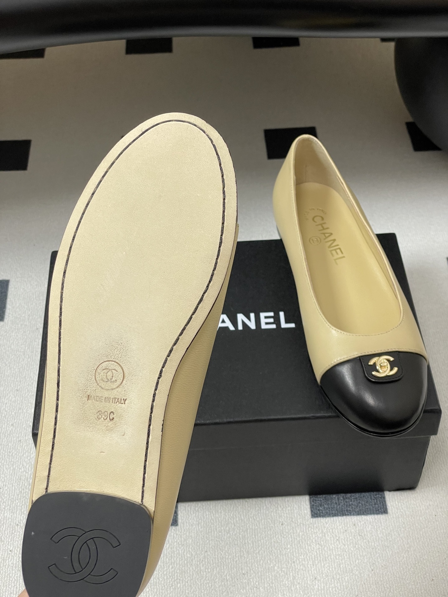 Chanel Classic Beige & Black Leather Ballet Flats with Gold CC Logo