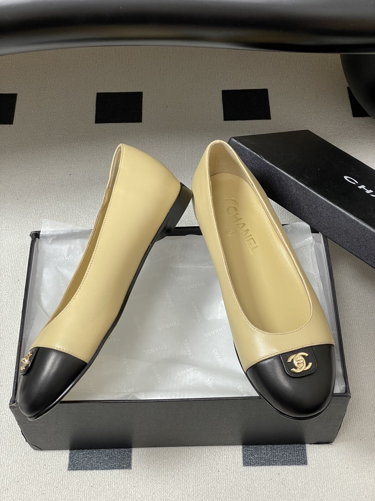 Chanel Classic Beige & Black Leather Ballet Flats with Gold CC Logo